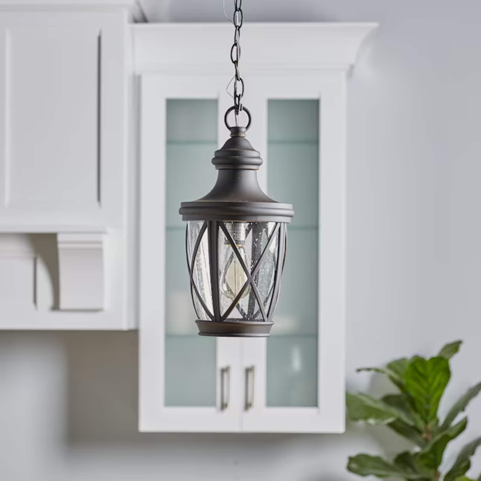 allen + roth Castine Bronze Craftsman Seeded Glass Lantern Led Medium Outdoor Hanging Pendant Light
