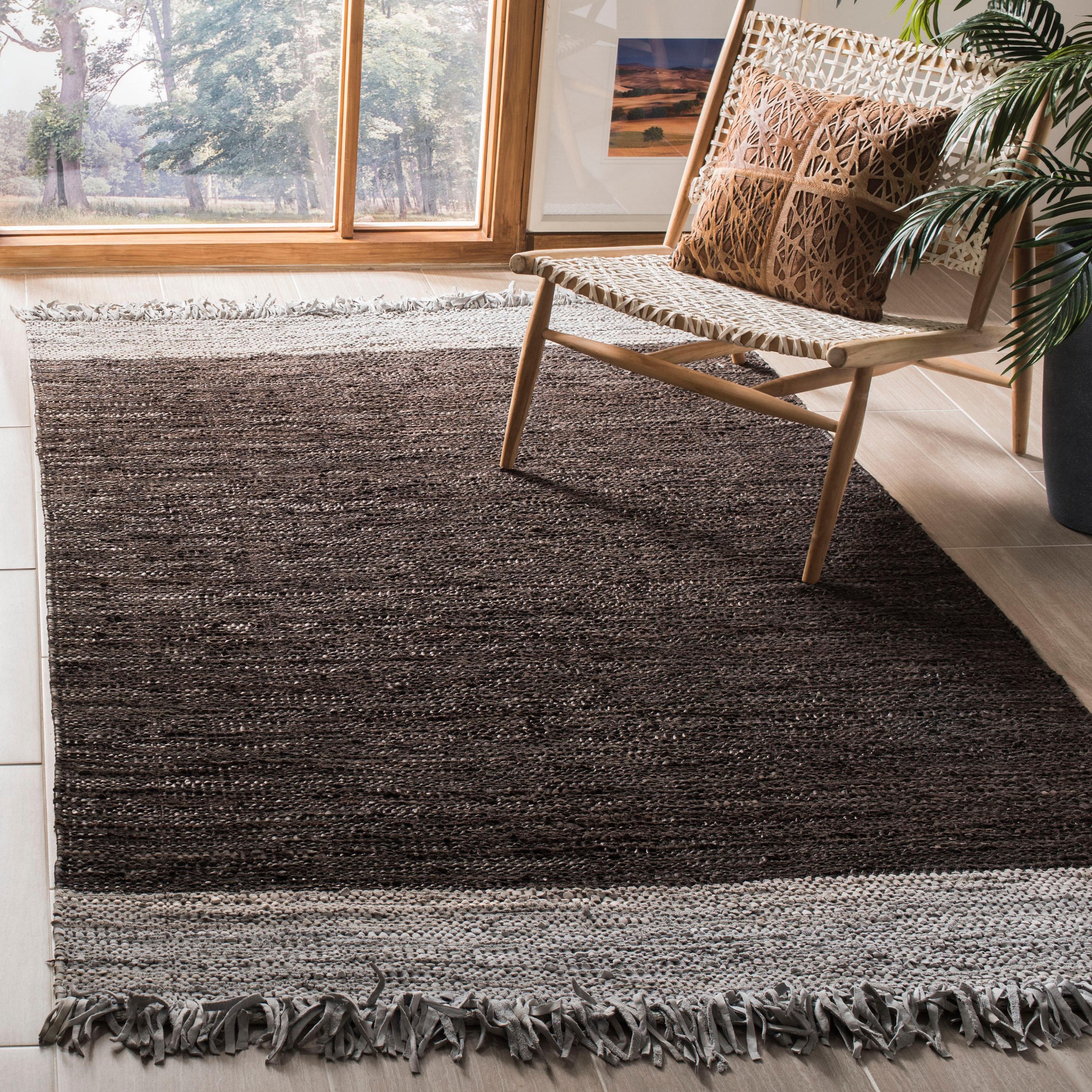 Vintage Leather VTL310 Hand Woven Indoor Area Rug - Light Grey/Dark Brown - 4'x6' - Safavieh