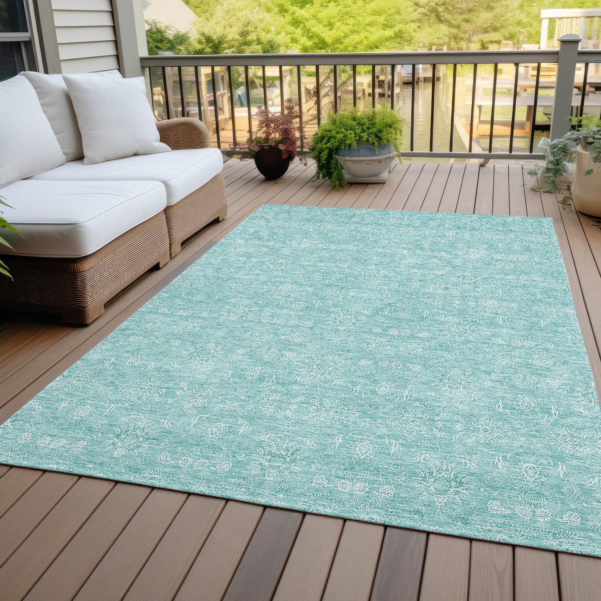 Addison Rugs Chantille Indoor/Outdoor Transitional Floral Aqua Washable Rectangle Rug, 8' x 10'