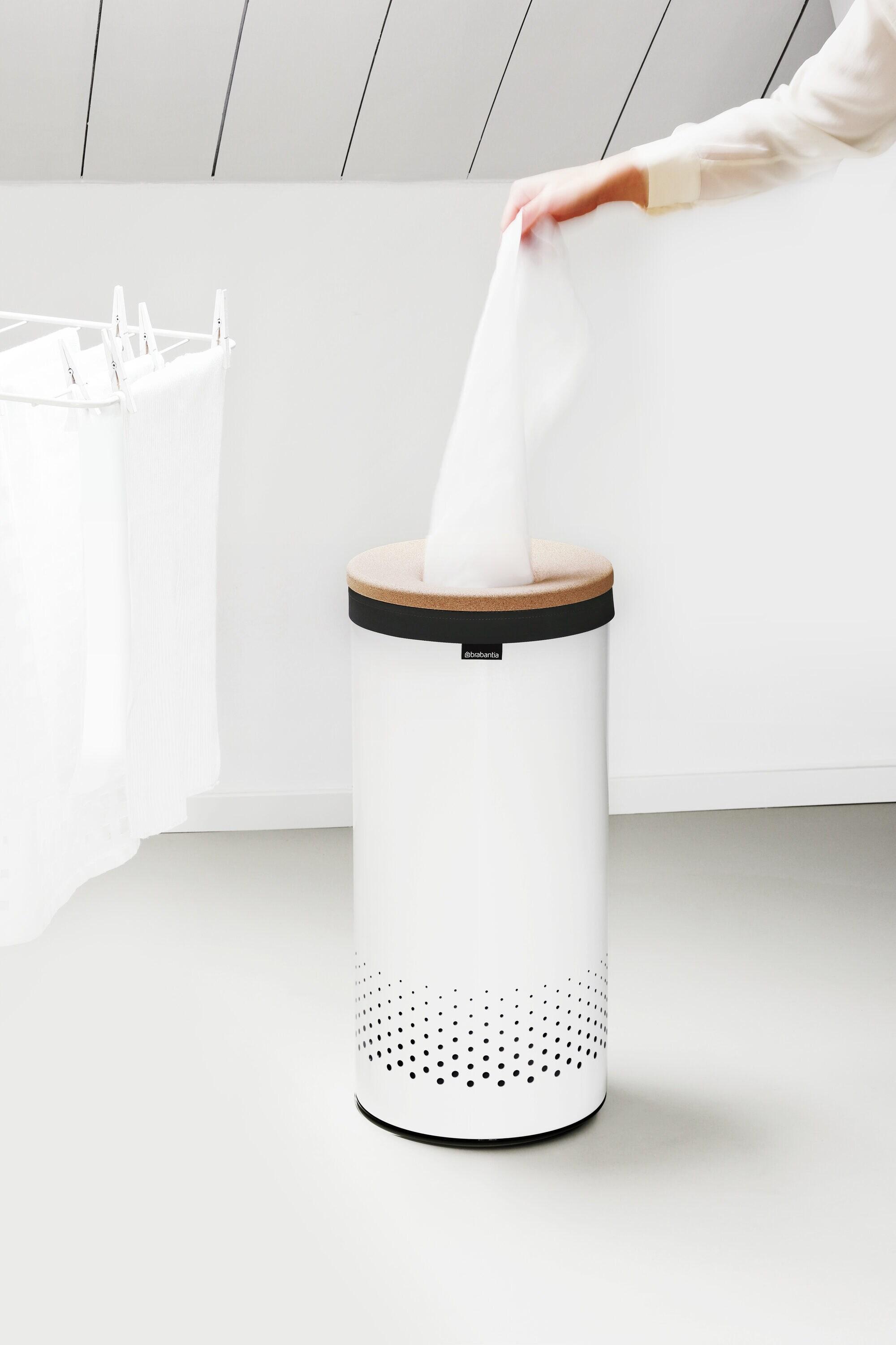 White Steel Upright Laundry Hamper with Cork Lid