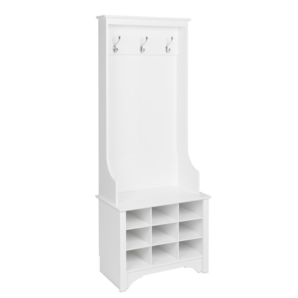 27" Narrow Hall Tree with 9 Shoe Cubbies White - Prepac: Modern Entryway Organizer, Mudroom Storage, Metal Hooks