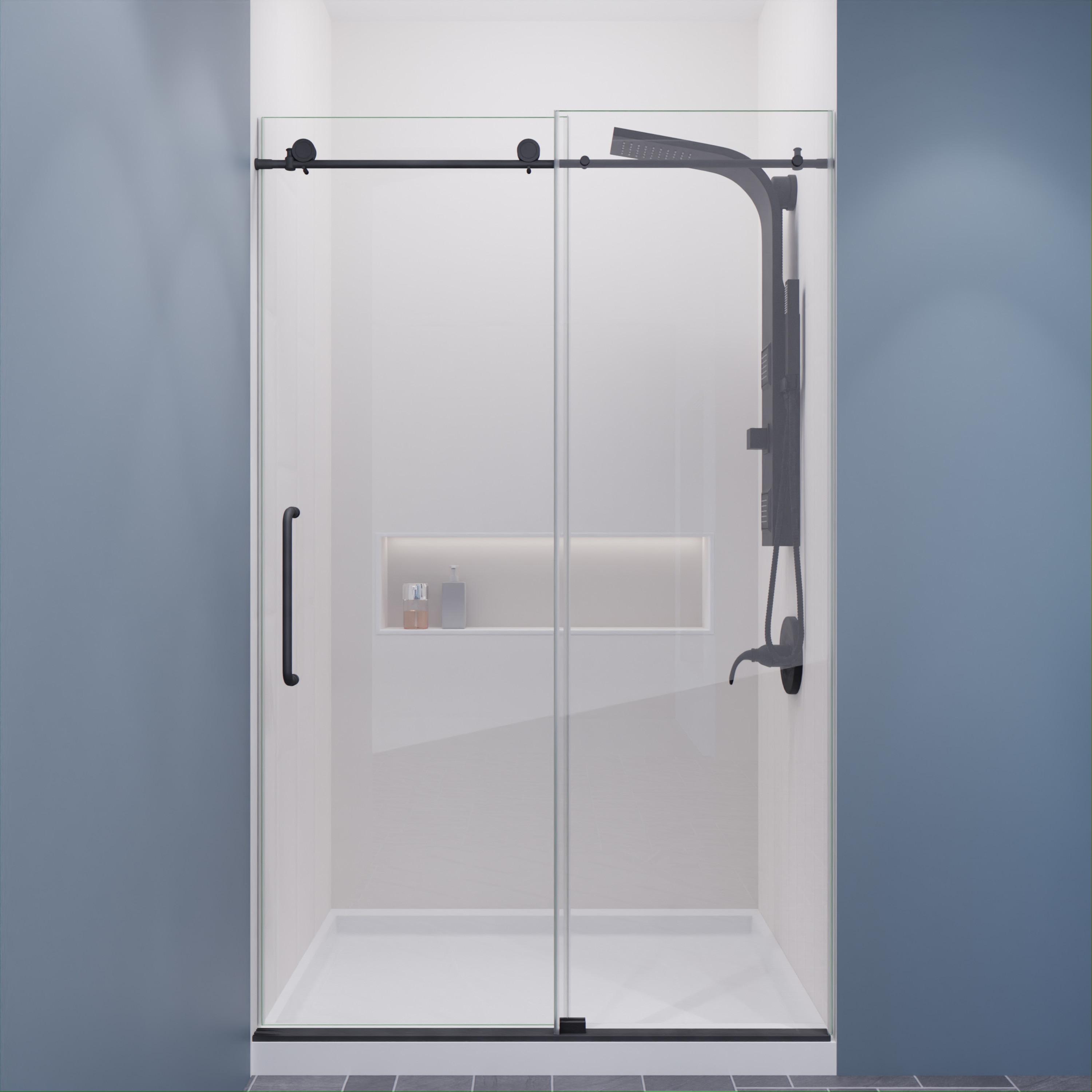 Madam Series 48 In. By 76 In. Frameless Sliding Shower Door In Gunmetal With Clear Tempered Glass And Tsunami Guard
