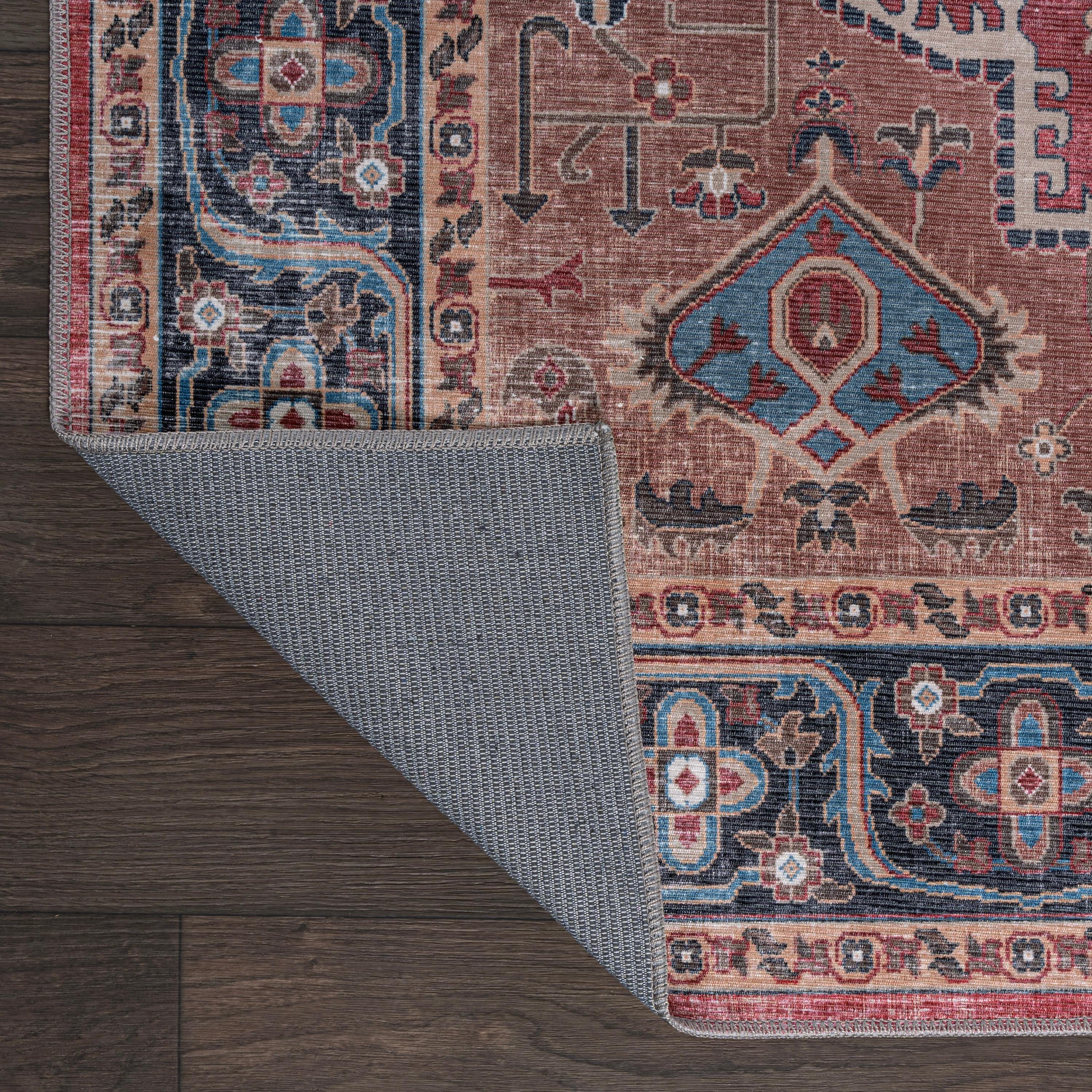 Alacati Ogee Medallion Machine-Washable Red/Blue/Brown 3 ft. x 5 ft. Area Rug - JONATHAN Y