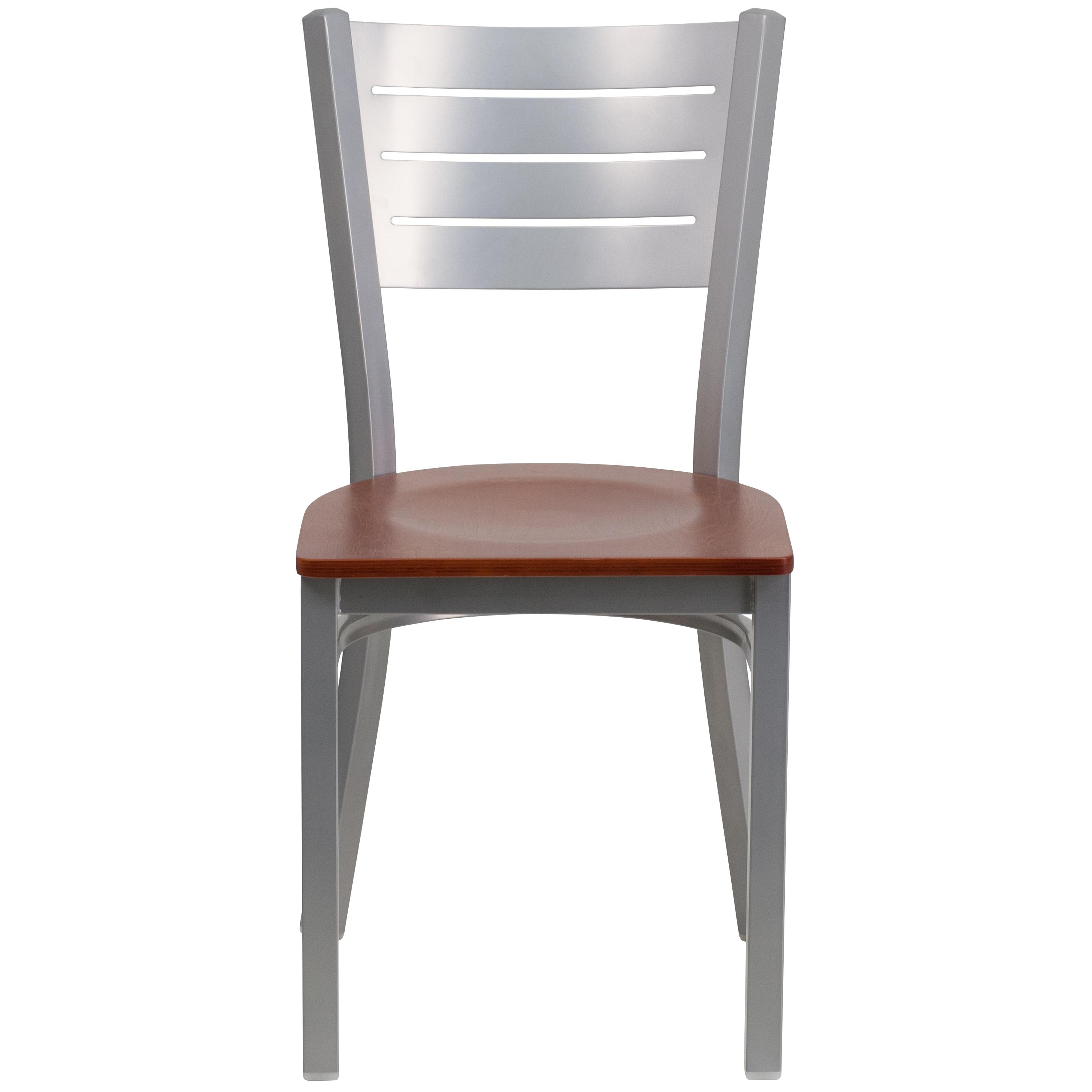 Flash Furniture HERCULES Series Silver Slat Back Metal Restaurant Chair - Cherry Wood Seat