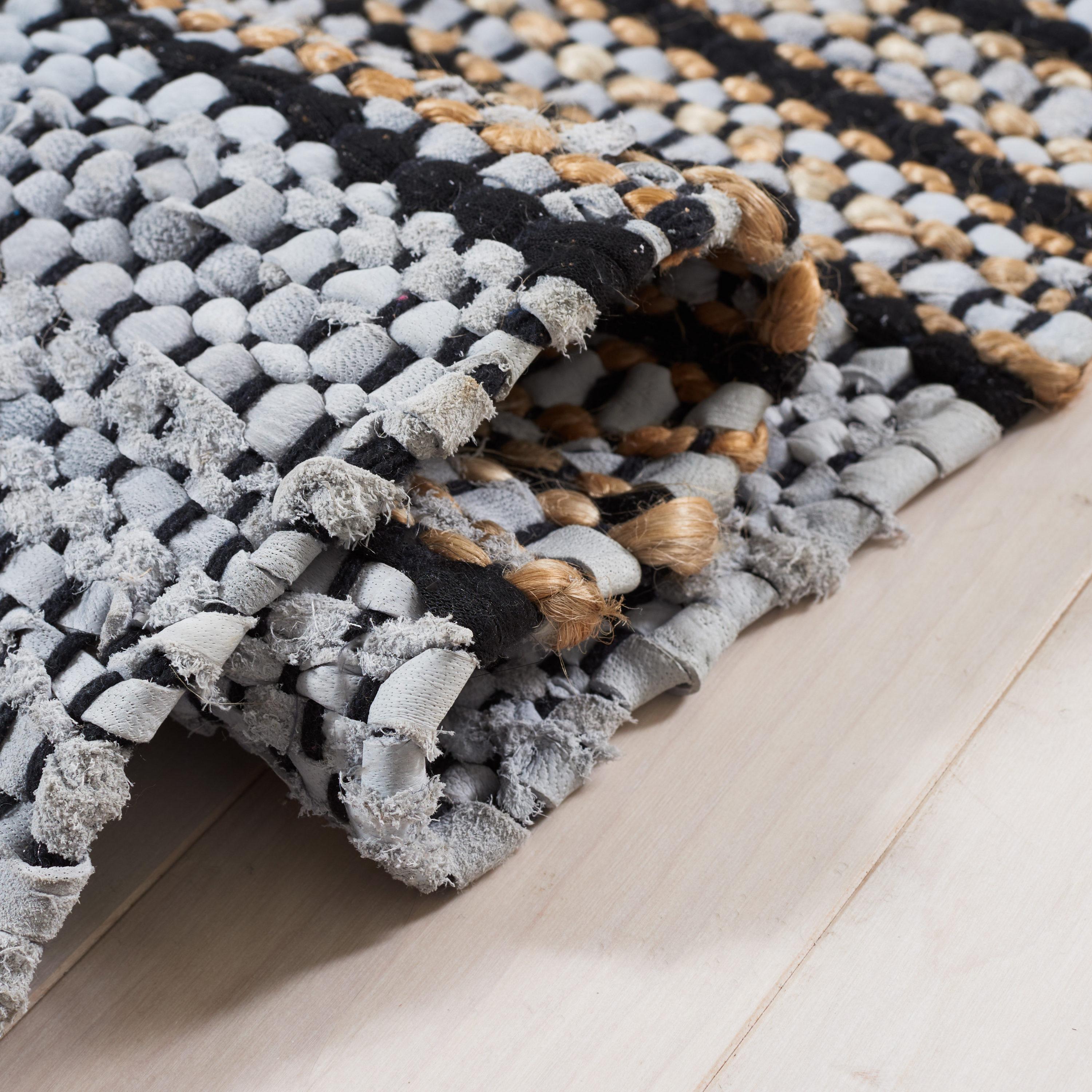 Vintage Leather Hand Woven 70% Leather, 25% Jute, And 10% Cotton Striped Rug