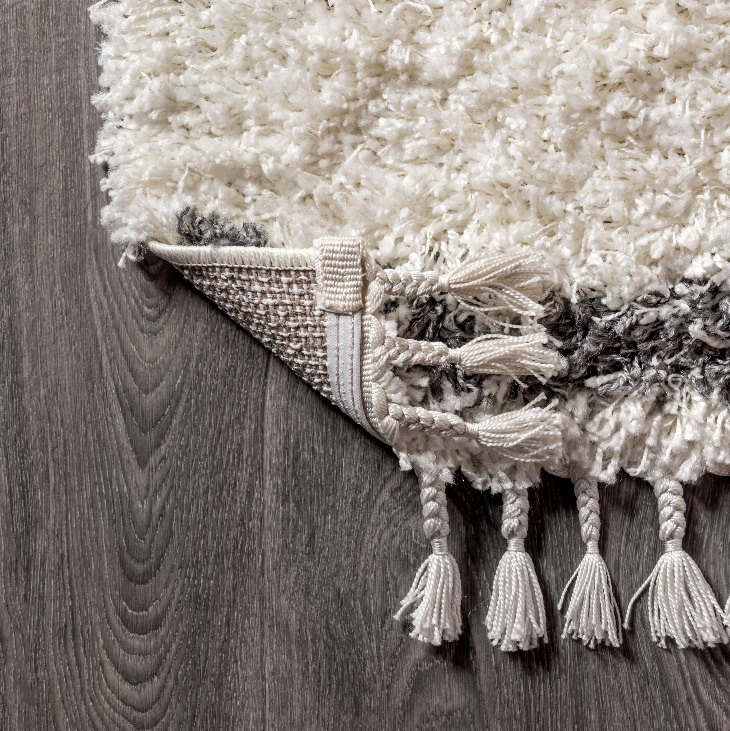 5'x8' Mercer Shag Plush Tassel Moroccan Geometric Trellis Area Rug, Cream/Grey - JONATHAN Y