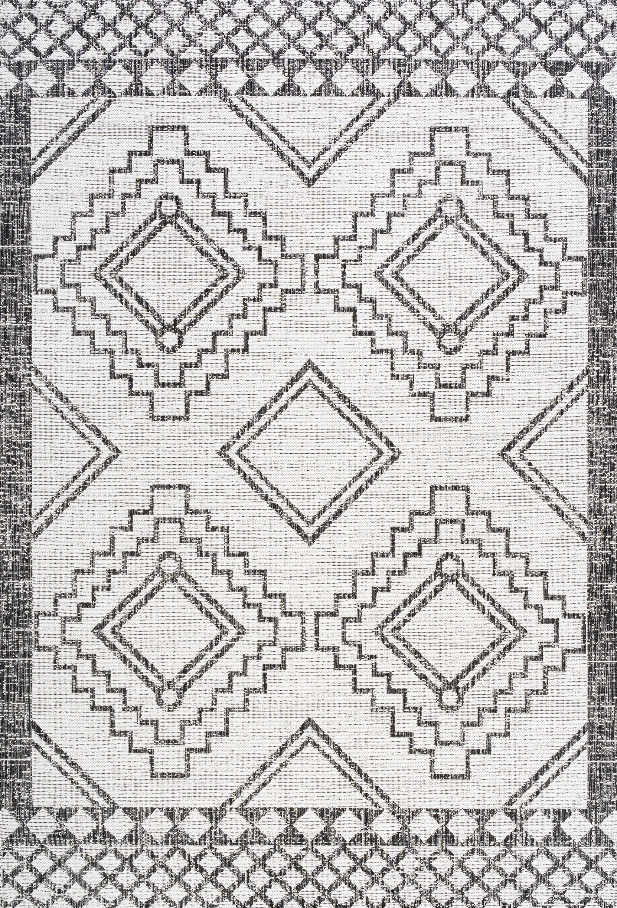 3'x5' Marokko Diamond  Medallion Indoor/Outdoor Area Rug, Ivory/Black - JONATHAN Y