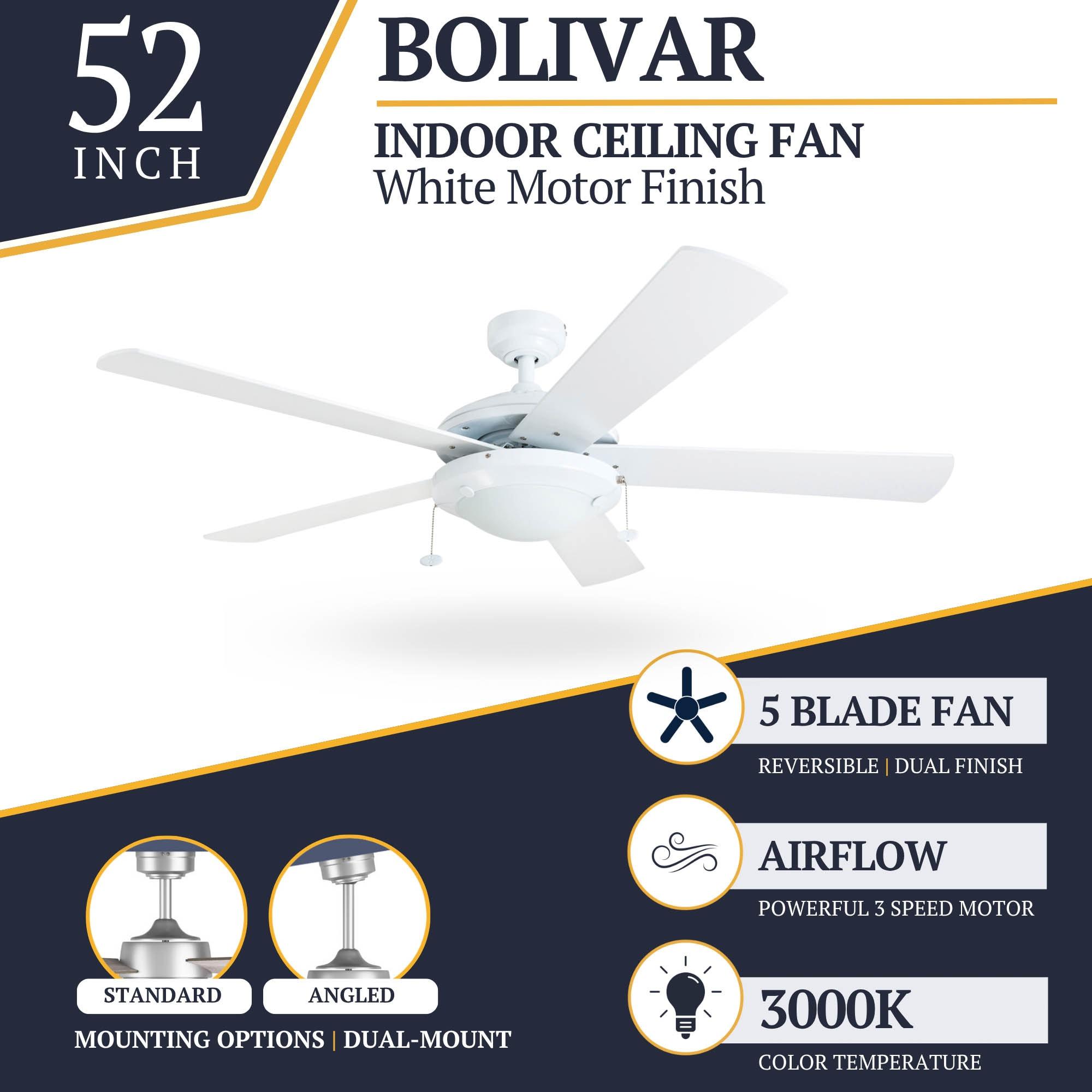 Prominence Home Bolivar 52" White Ceiling Fan with 5 Blades, Integrated LED Light Kit, Pull Chains & Reverse Airflow