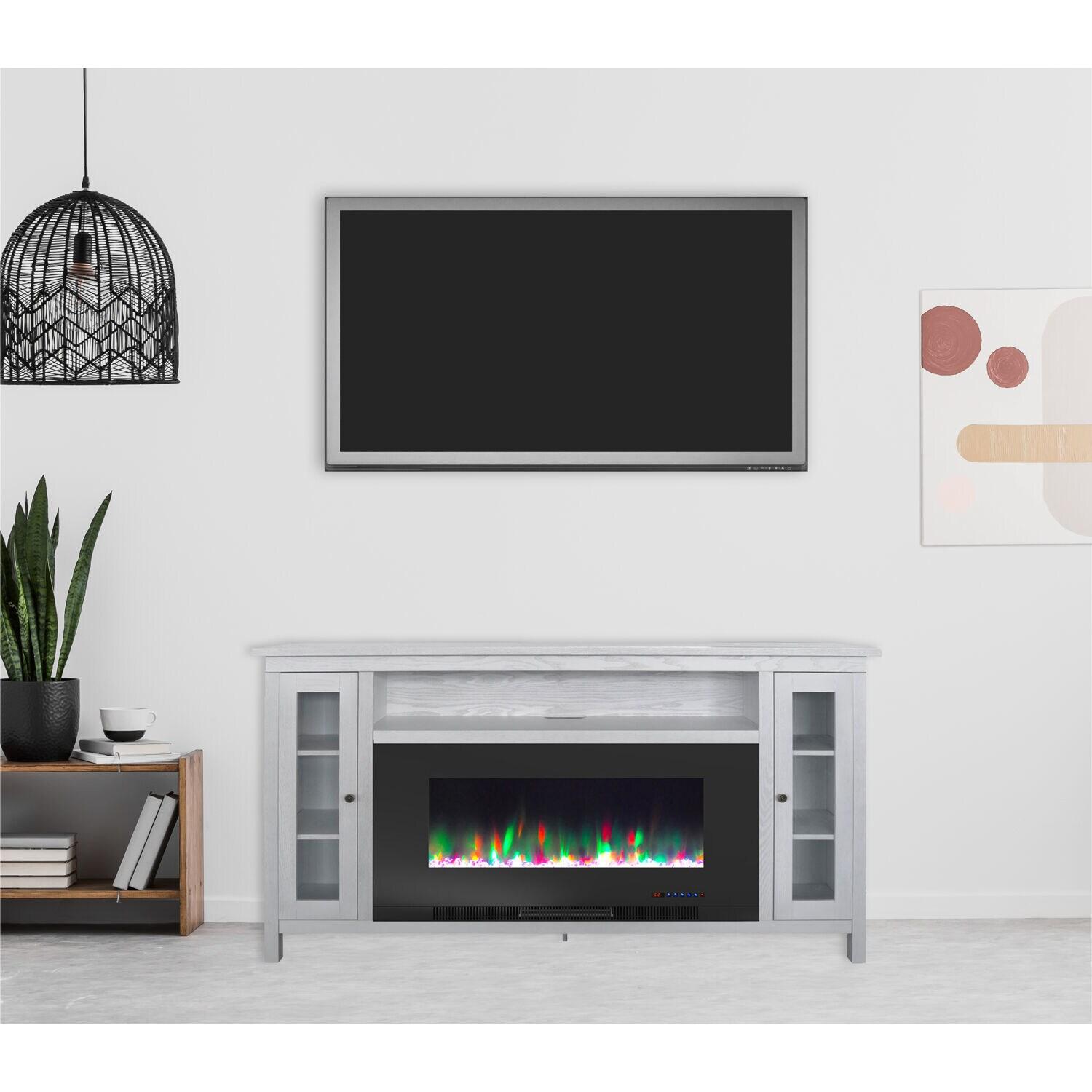 Cambridge Somerset 70-In. White Electric Fireplace TV Stand with Multi-Color LED Flames, Crystal Rock Display, and Remote Control