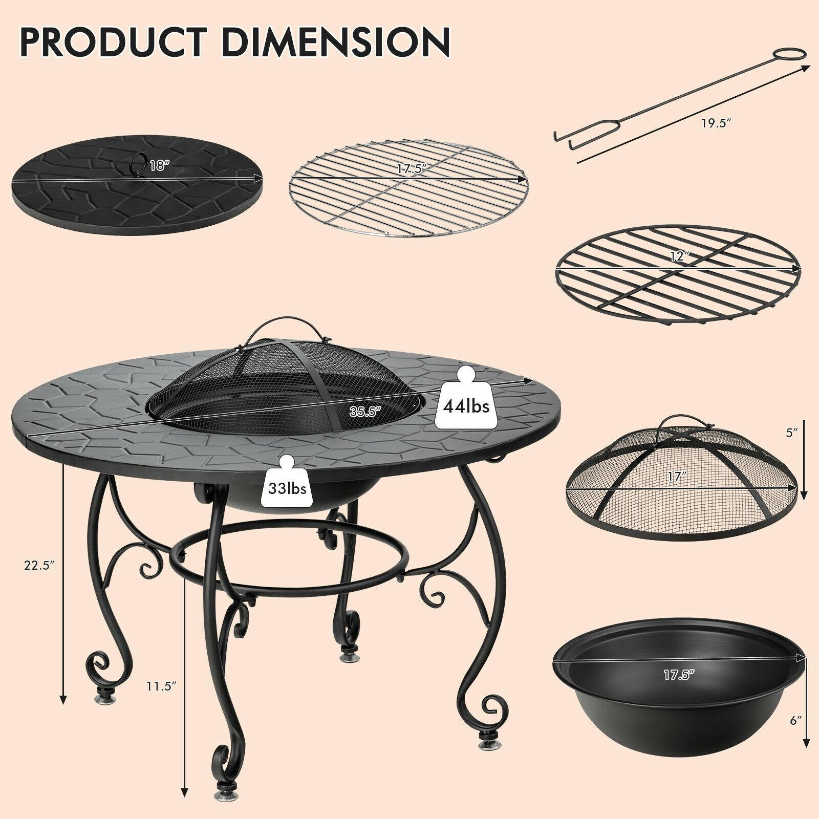 Costway 35.5'' Patio Fire Pit Dining Table Charcoal Wood Burning W/ Cooking BBQ Grate
