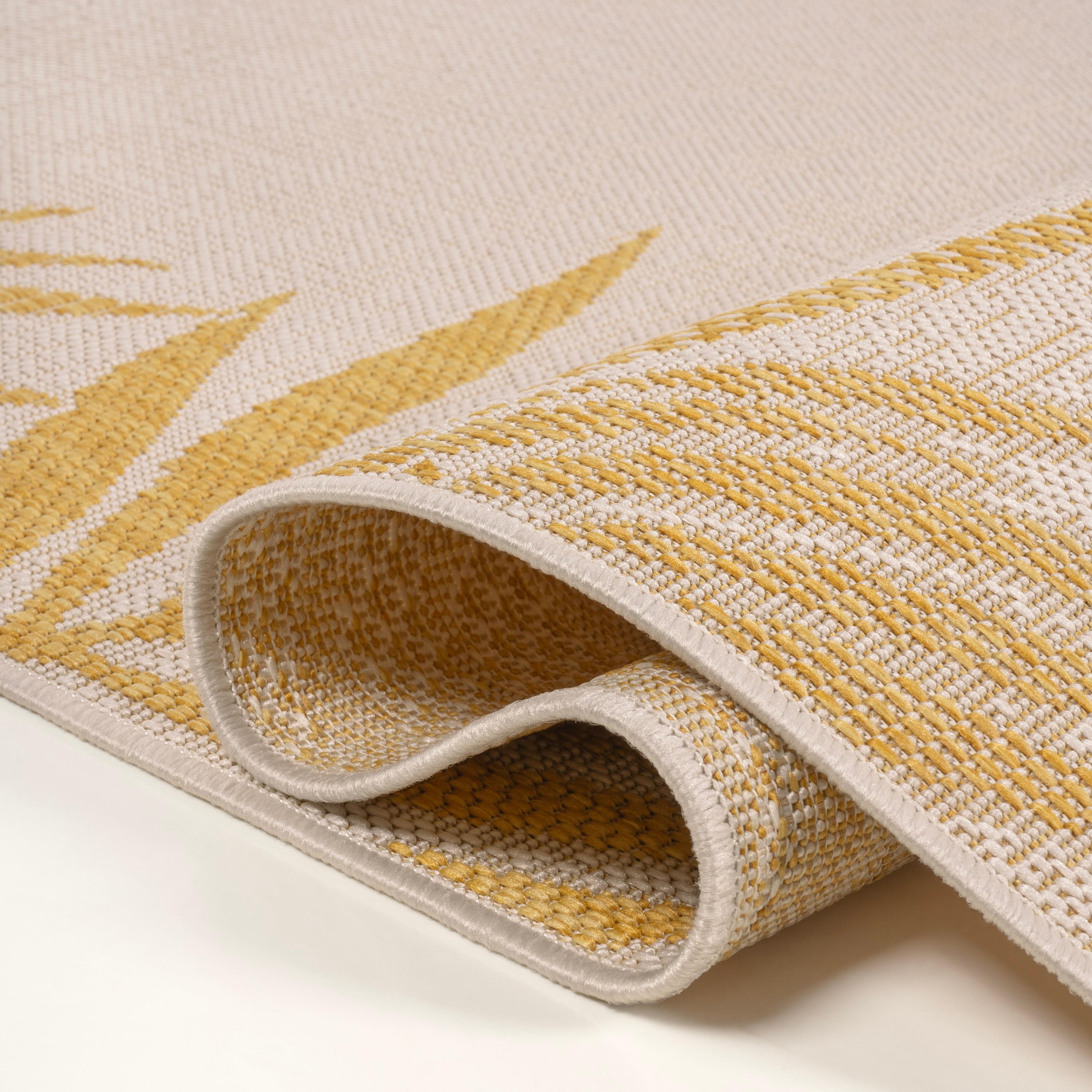 JONATHAN Y Isla Coastal Cottage Palm Frond Border Yellow/Cream 3 ft. x 5 ft. Indoor/Outdoor Area Rug
