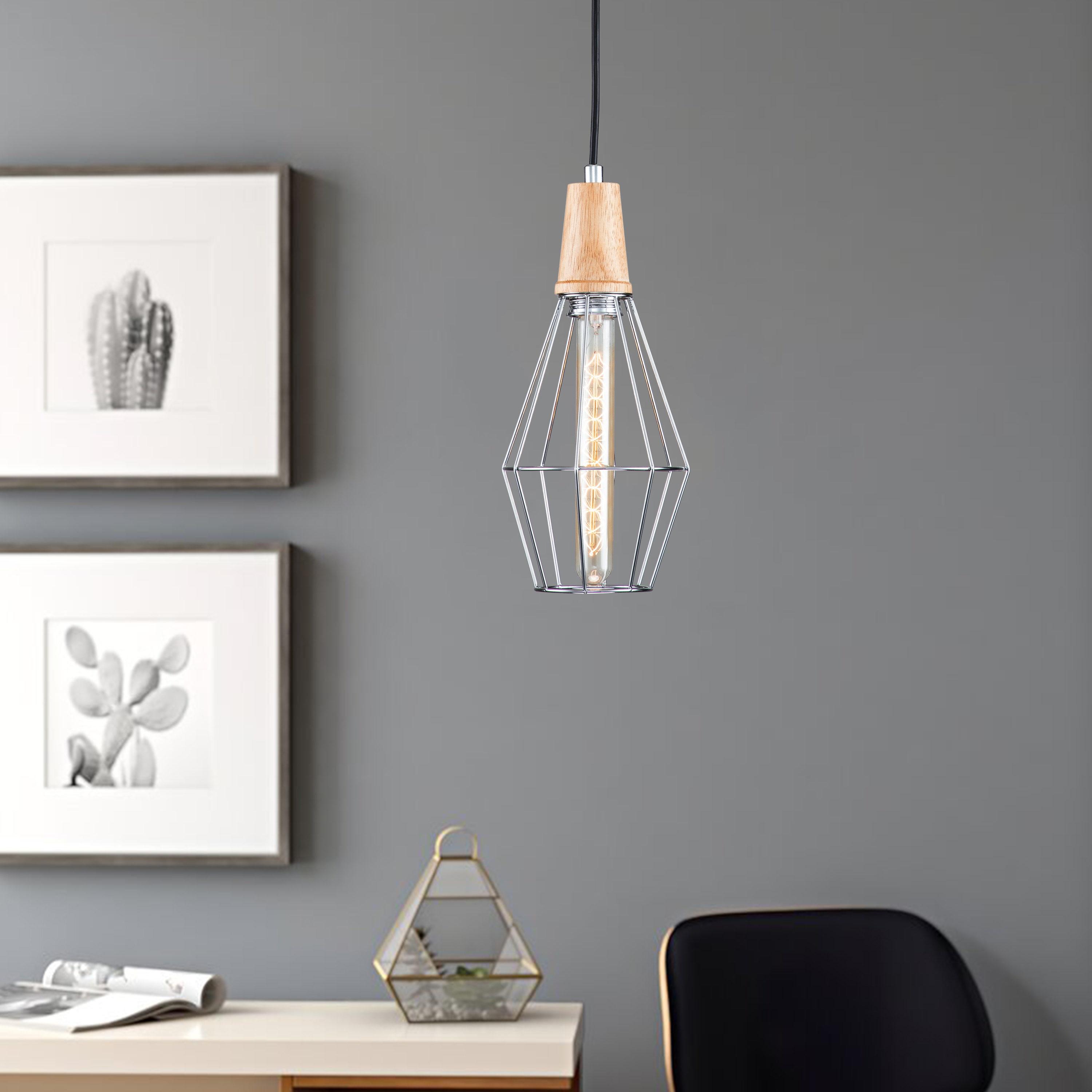 Coman 6"W Silver + Nature Wood Finish Dimmable & Adjustable Height Pendant Light Include T Bulb