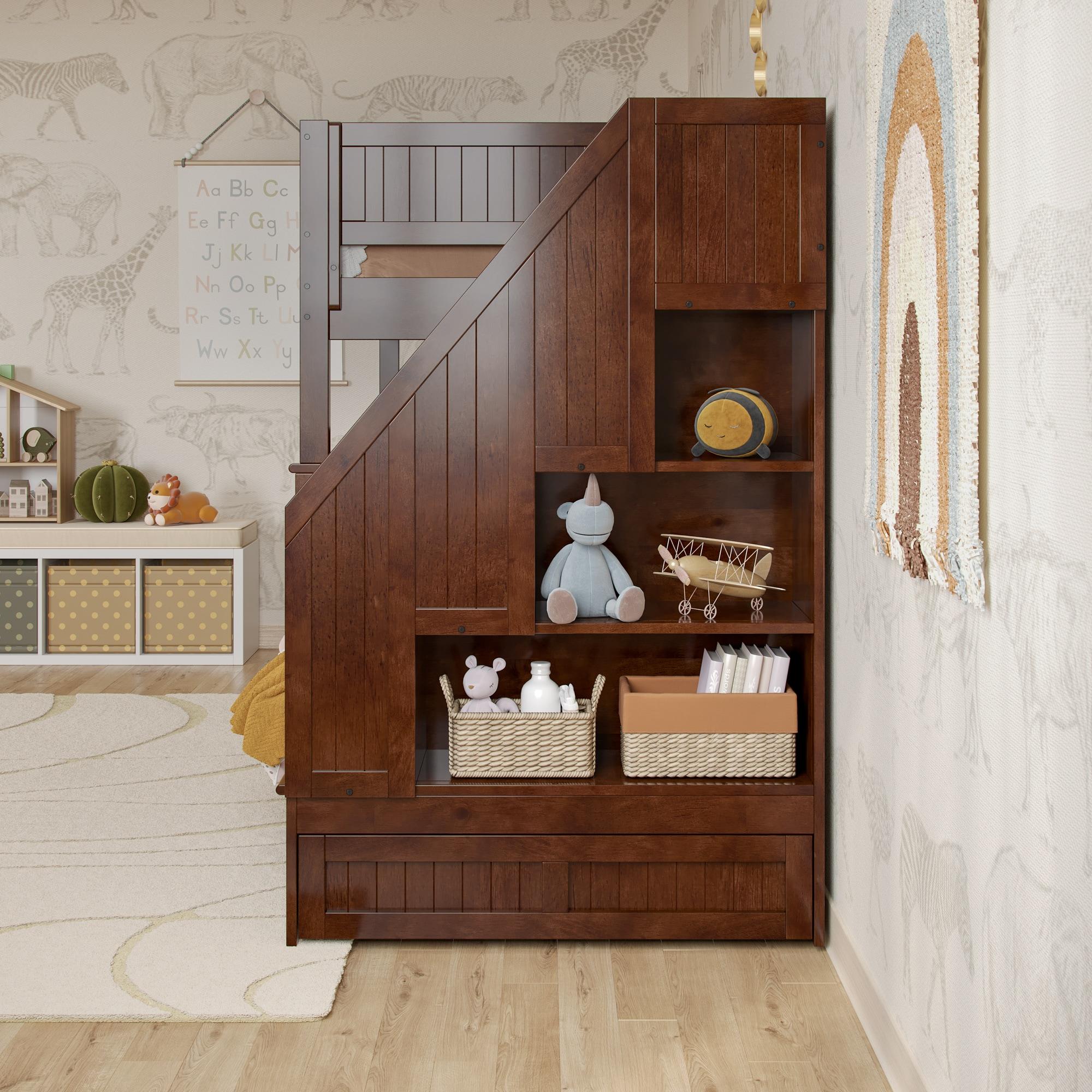 Walnut Twin Over Twin Bunk Bed with Storage Drawer and Trundle