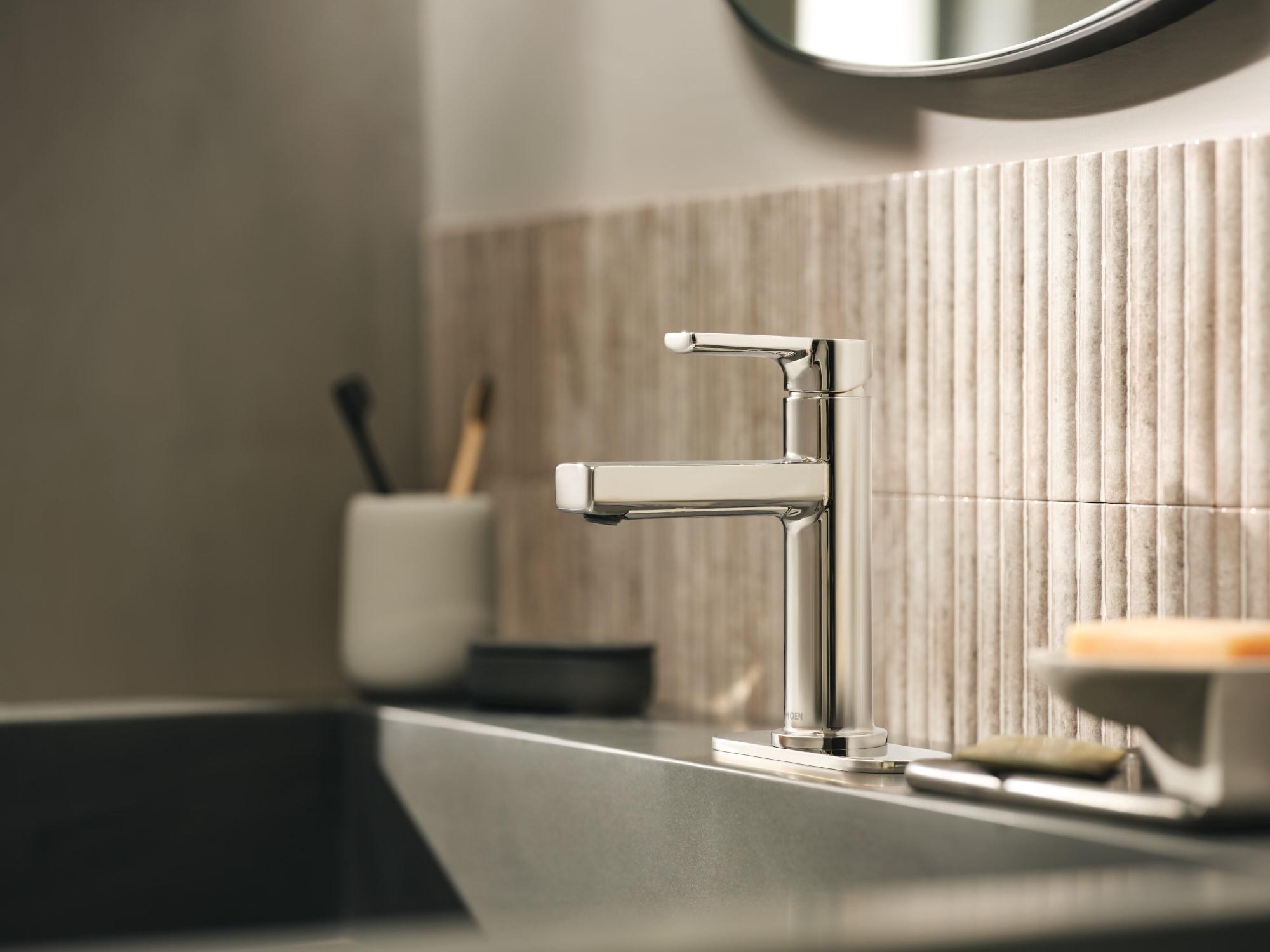 Moen 84627NL Rinza Polished Nickel Single hole 1-handle WaterSense High-arc Residential Handle Bathroom Sink Faucet with Drain with Deck Plate