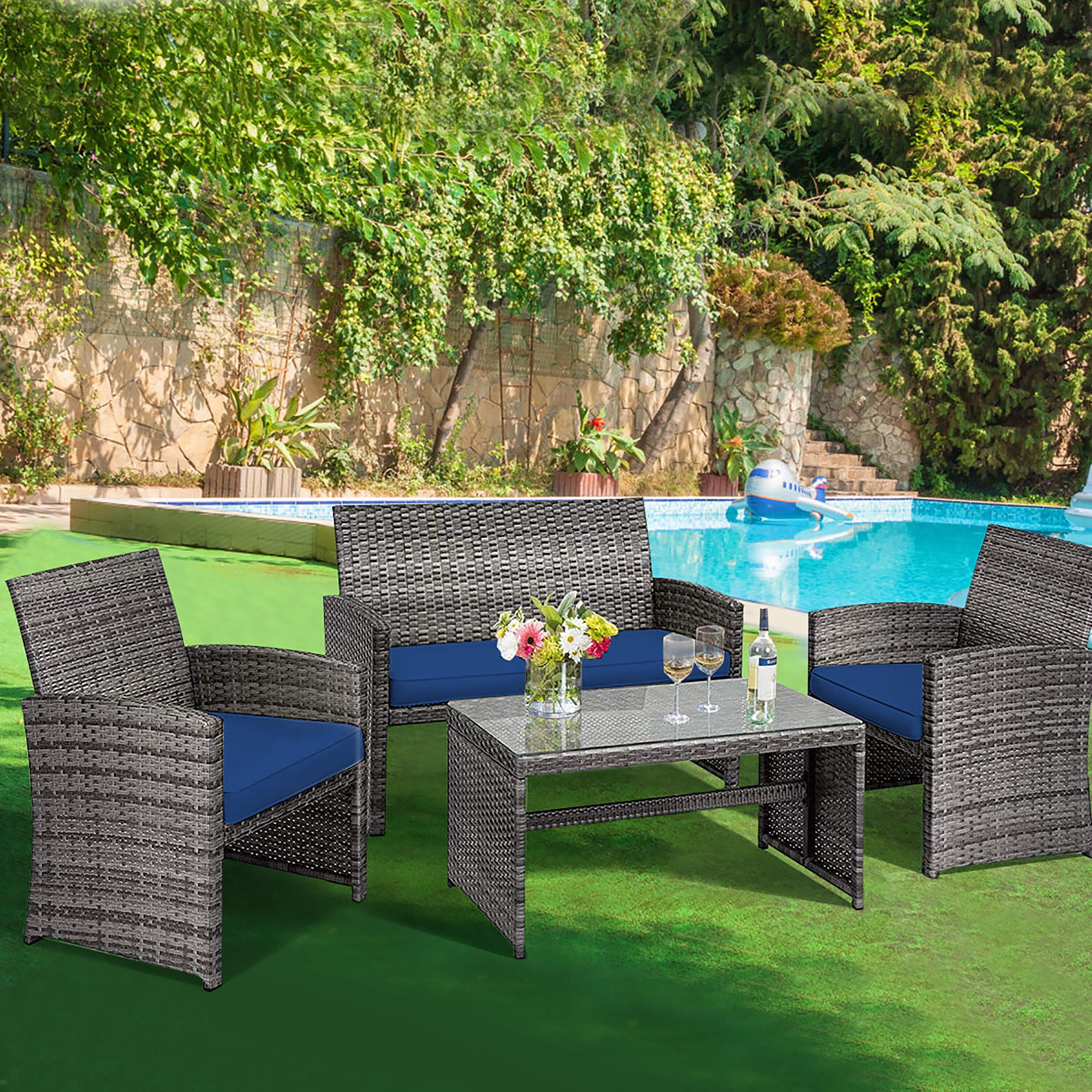 Resenkos 4 Pieces Outdoor Rattan Furniture Set, Wicker Furniture Sets, Patio Conversation Sets with Coffee Table Cushioned Sofa-Red