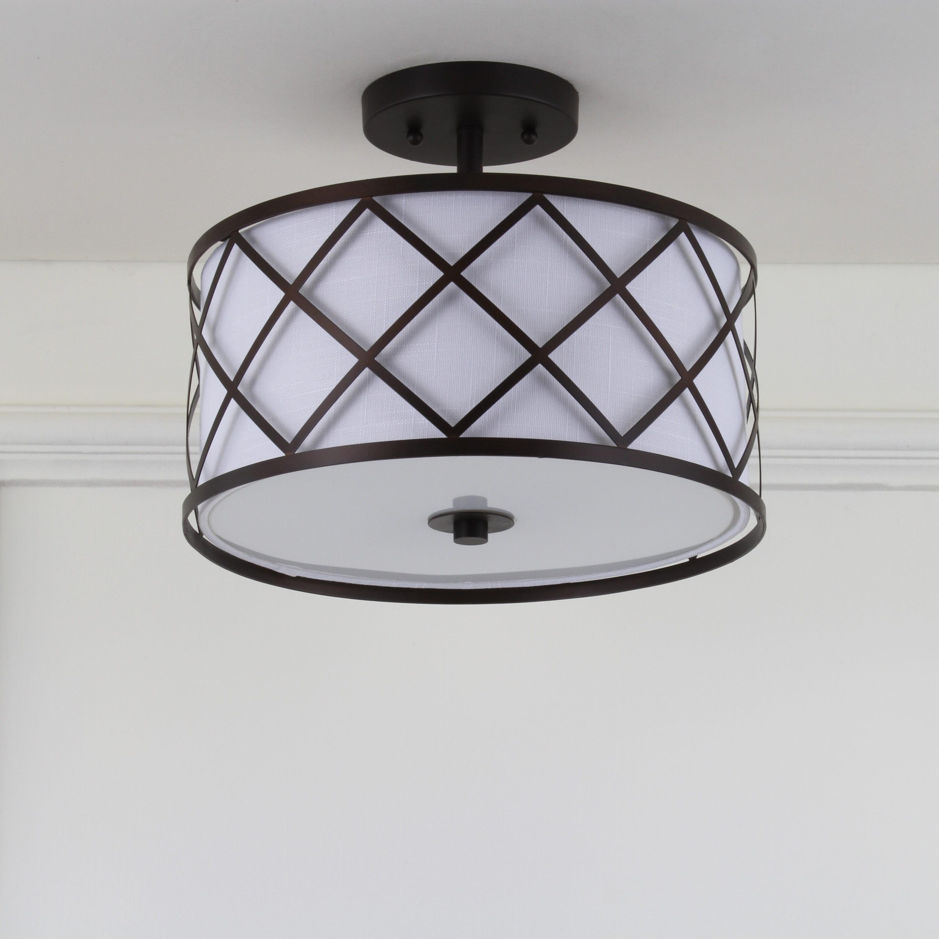 Transitional Elegance 13.25" Bronze LED Flush Mount with White Linen Shade