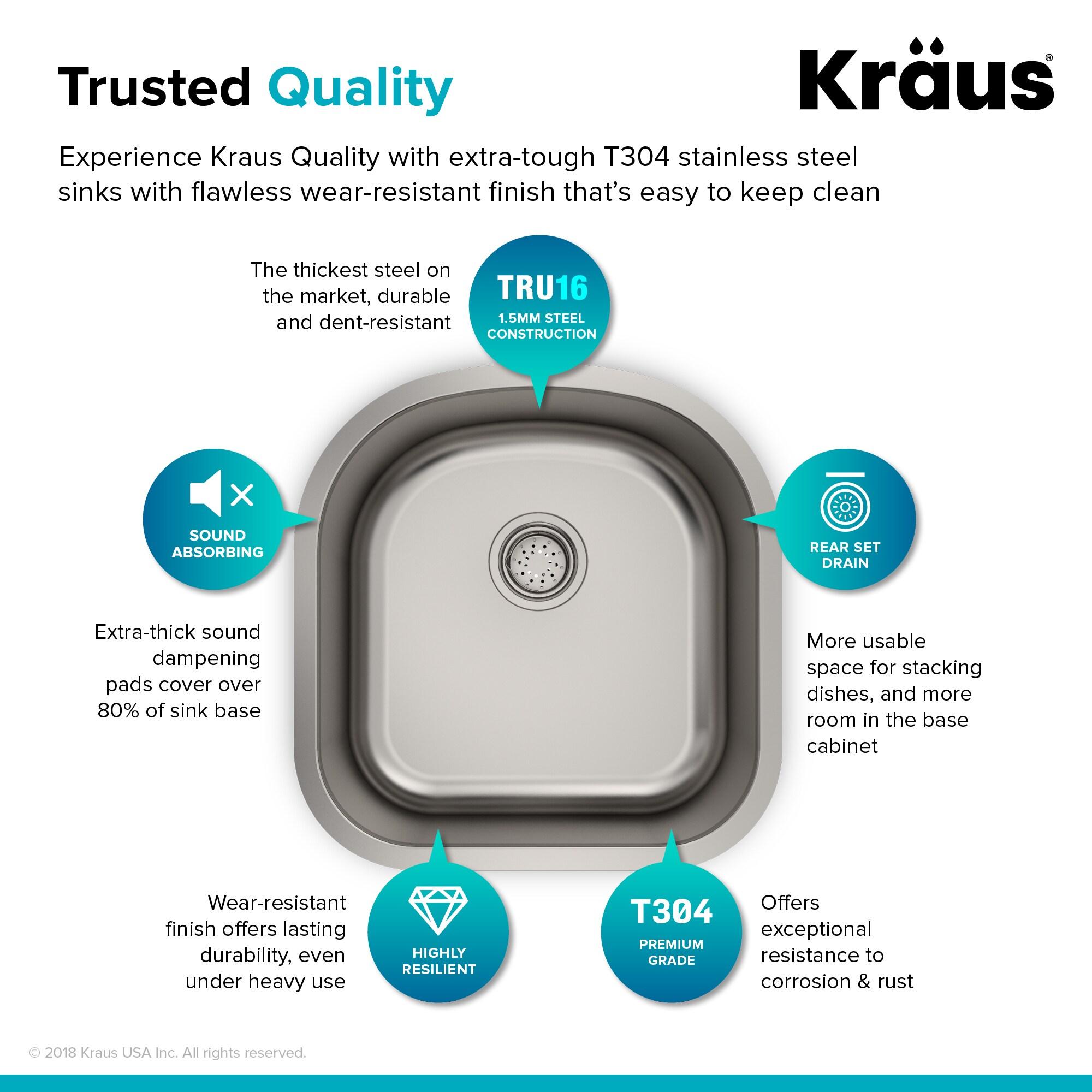 KRAUS Premier 16 Gauge Undermount Single Bowl Stainless Steel Kitchen Sink