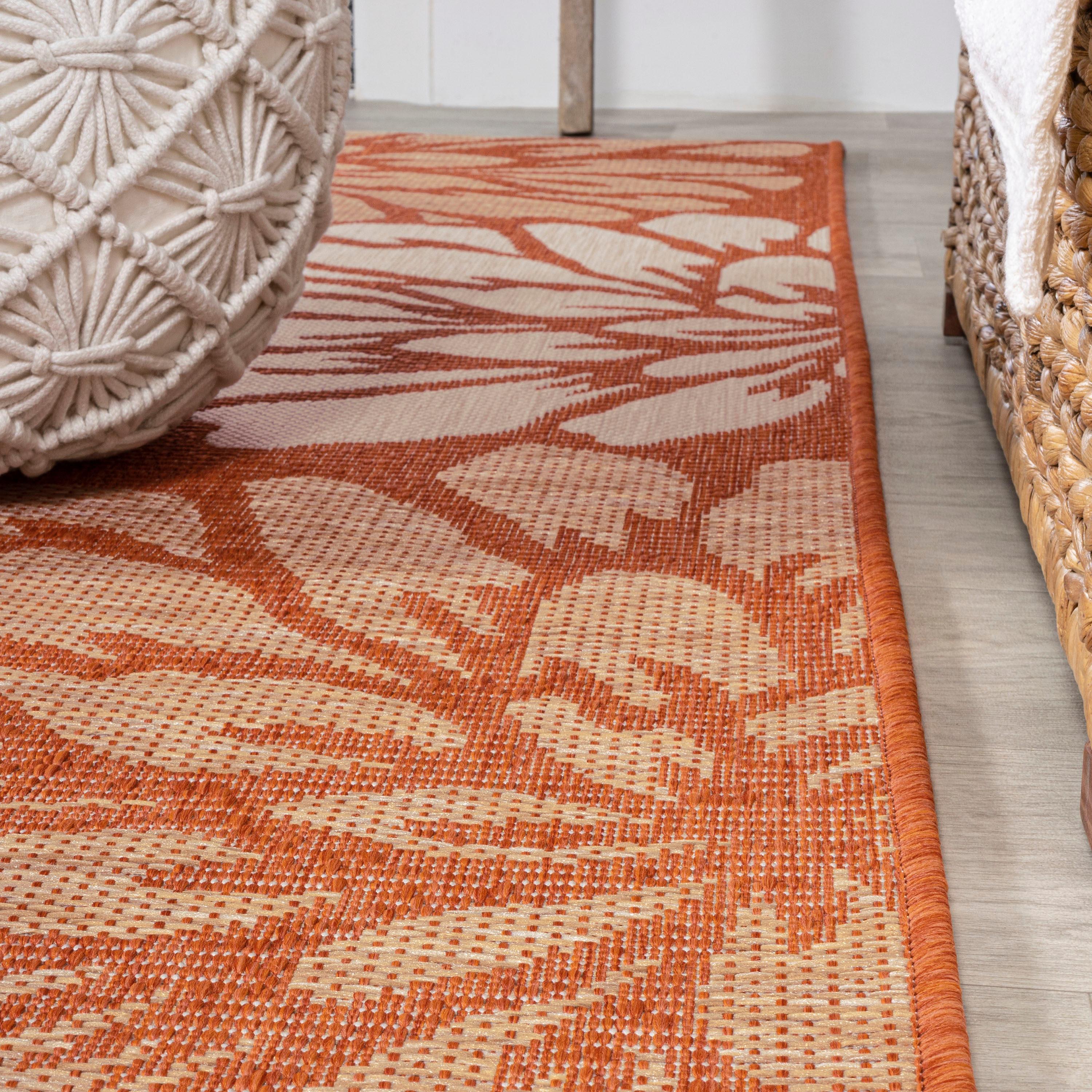 2' x 10' Zinnia Modern Floral Textured Weave Indoor/Outdoor Runner Rug, Orange/Cream - JONATHAN Y