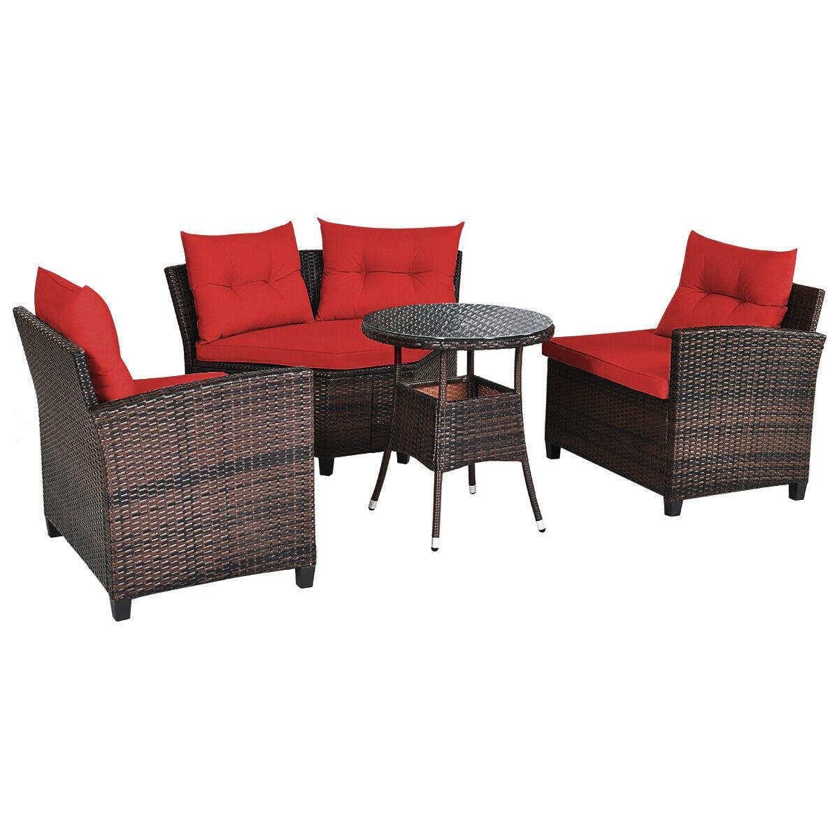 Costway 4PCS Outdoor Patio Rattan Furniture Set Cushioned Sofa Table Red