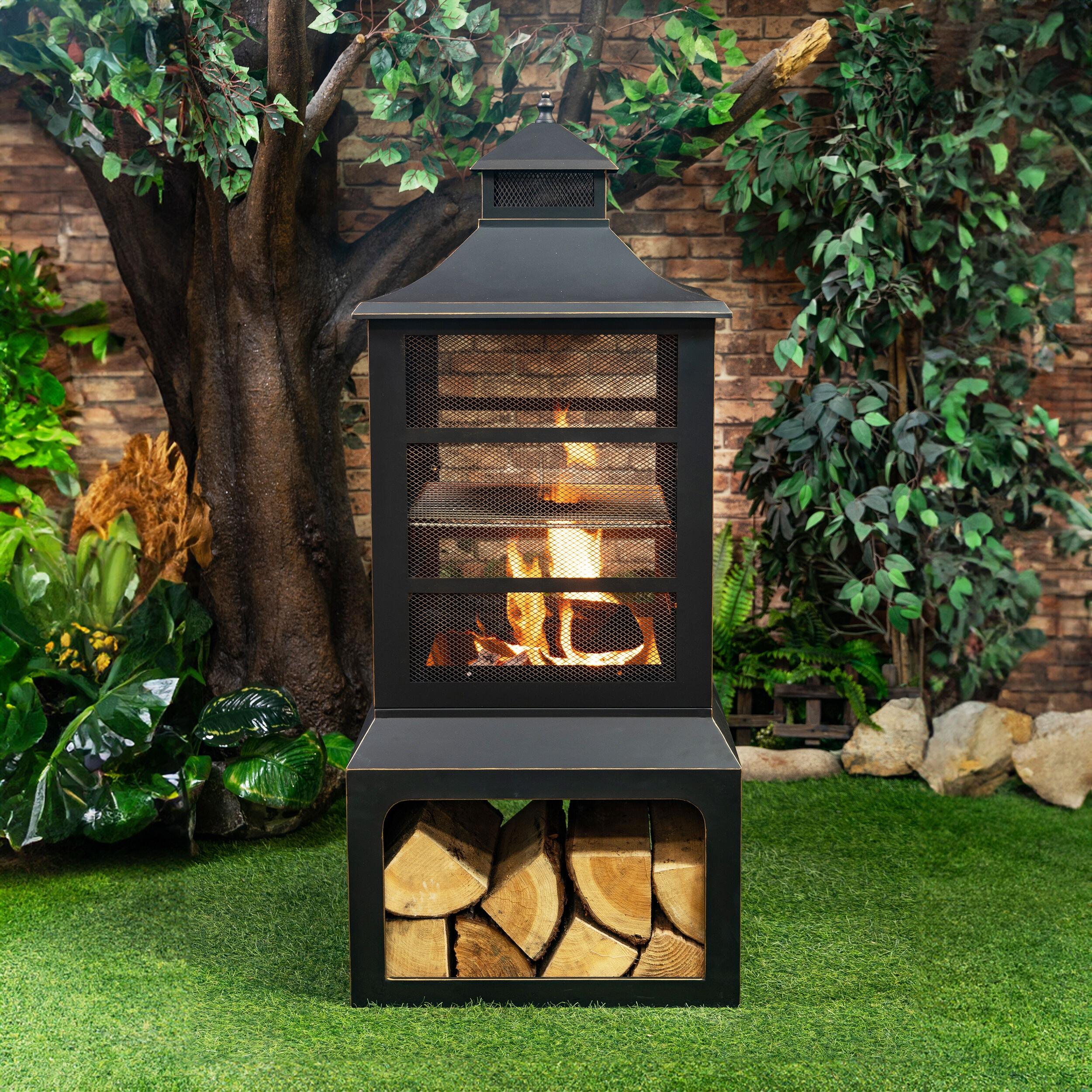 Deko Living Deko Living 26" Square Outdoor Steel Wood Burning Fireplace with Cast Iron Cooking Grill, Log Storage and Poker