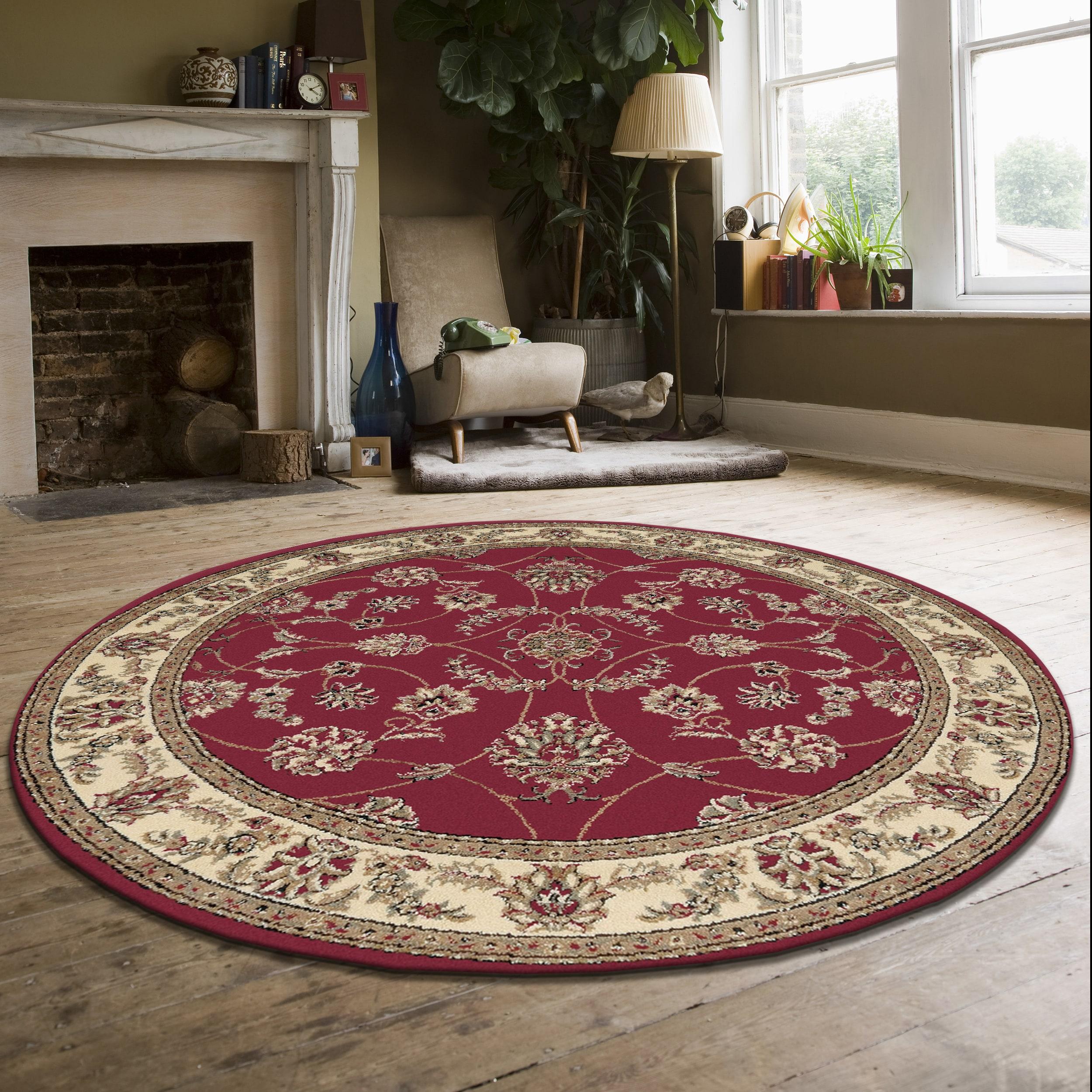 Red and Beige Round 8' Synthetic Oriental Area Rug