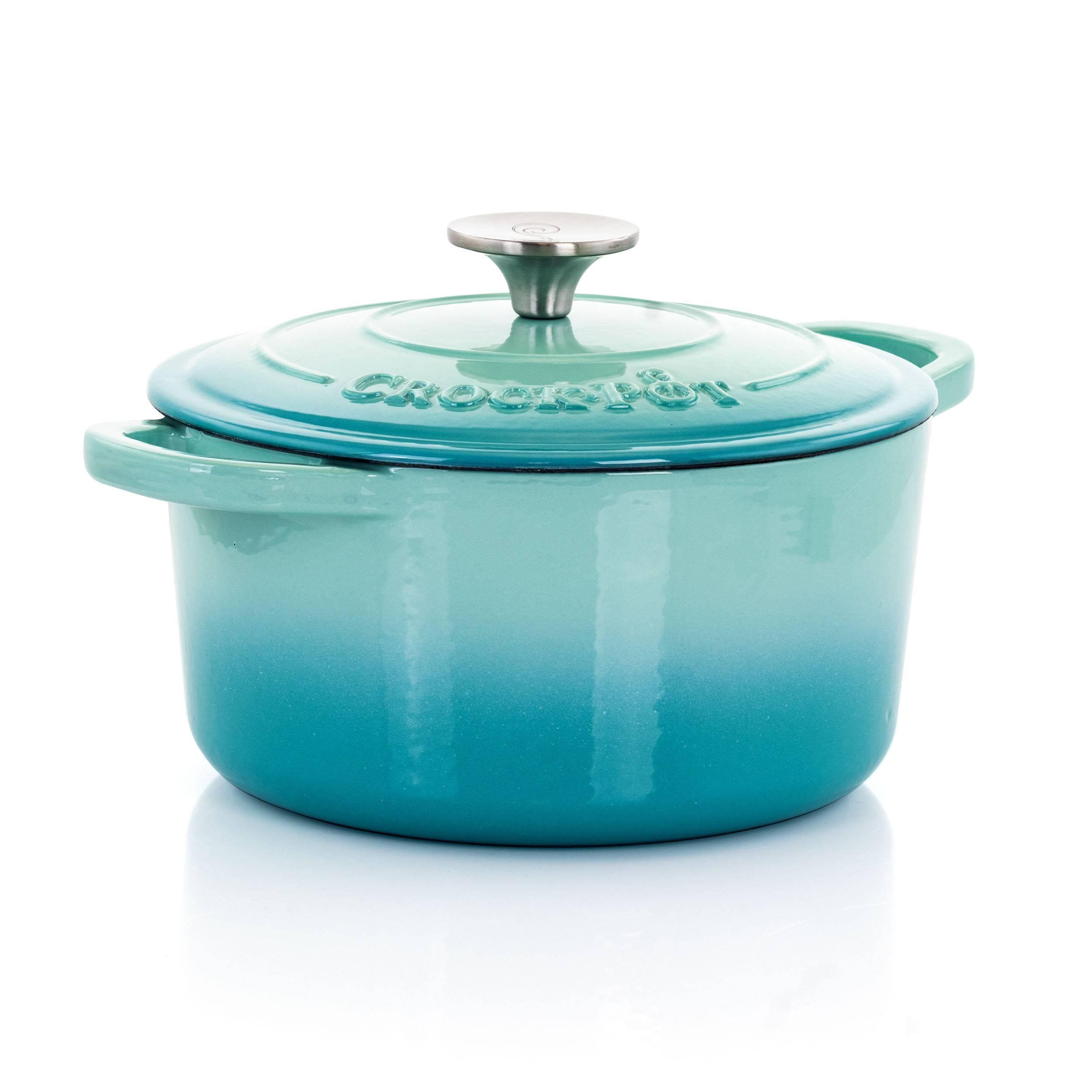 Crock-Pot 3 Quart Round Enamel Cast Iron Covered Dutch Oven Cooker, Aqua Blue