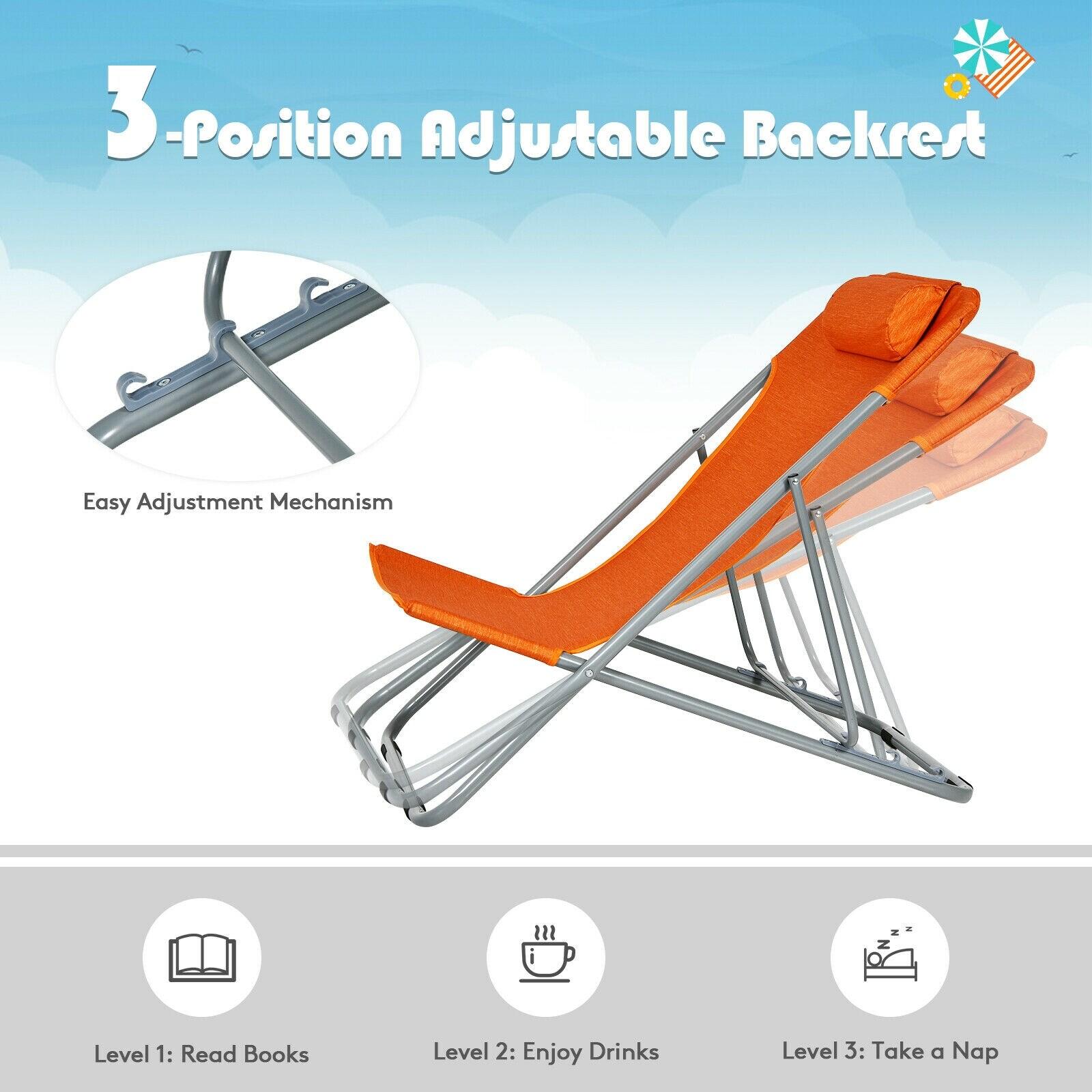 Tangkula 2 PCS Beach Chair Lounger Reclining Folding Chair w/3-Position Adjustable Backrest Orange