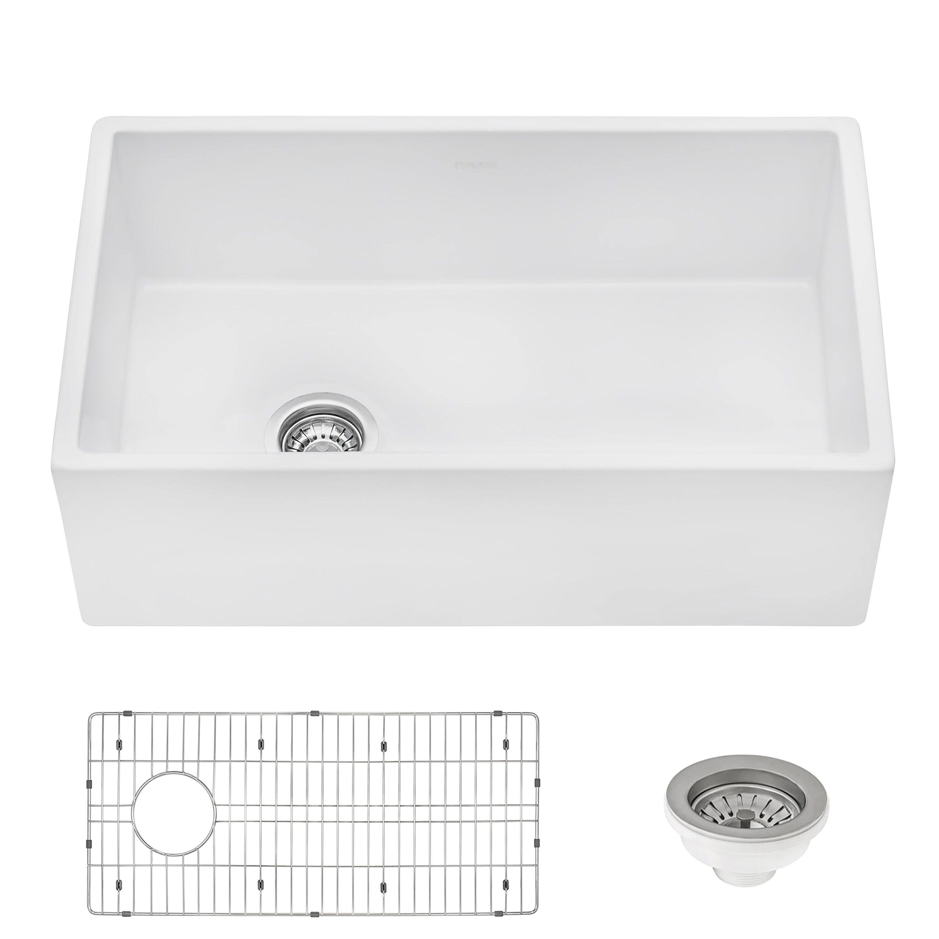 Ruvati 30-inch Fireclay Farmhouse Offset Drain Kitchen Sink Single Bowl White - Left Drain