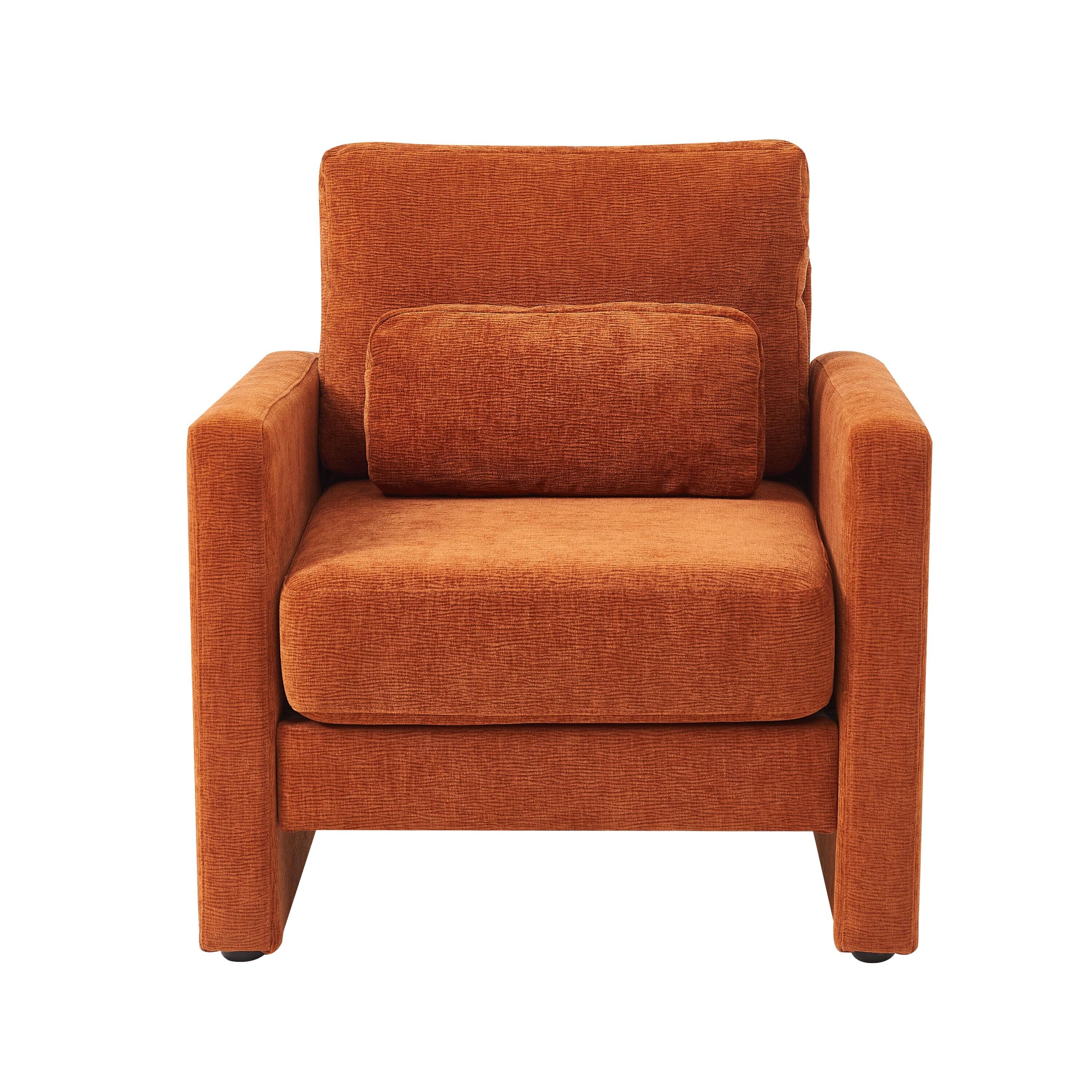 Mid-Century Modern Chenille Fabric Armchair, Orange, Comfy Single Sofa Vanity Chair with Pillow & Armrest, Living Room, Bedroom, Office