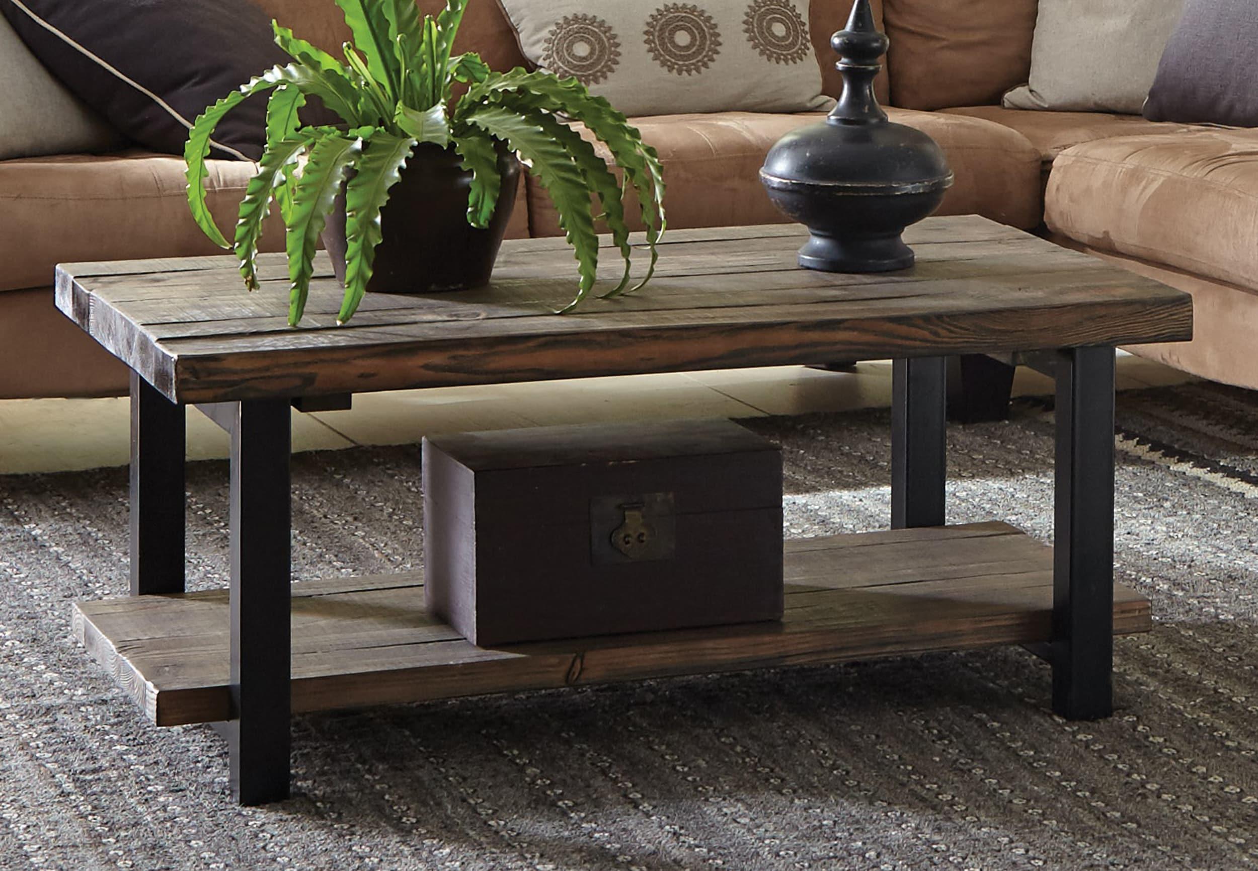 Alaterre Furniture 42" Pomona Wide Coffee Table Wood Rustic Natural: Fixed Shelf, Metal Frame, Living Room Furniture