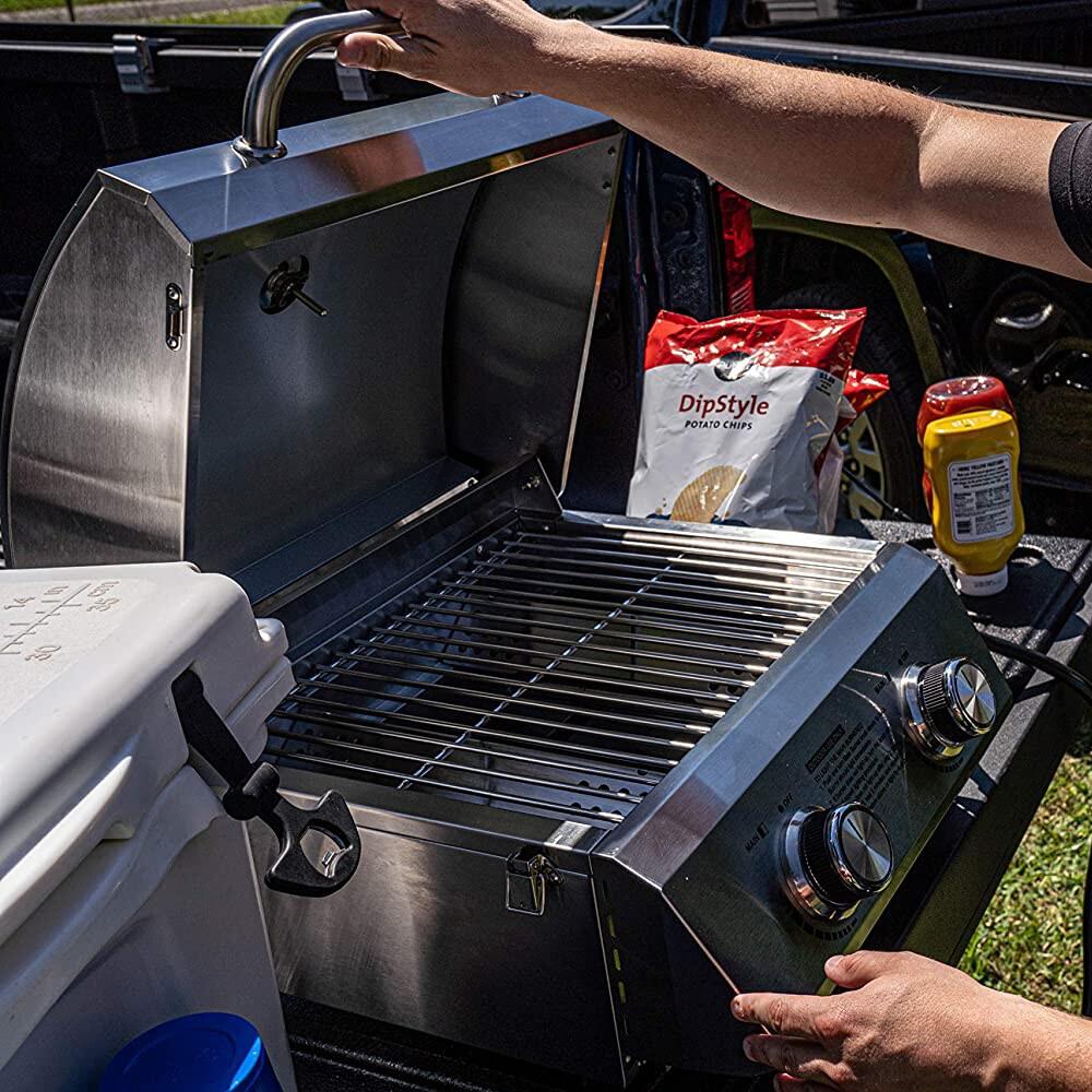 Monument Grills 13742 Tabletop Propane Gas Grill Stainless for Portable Camping Cooking with Travel Locks, High Lid