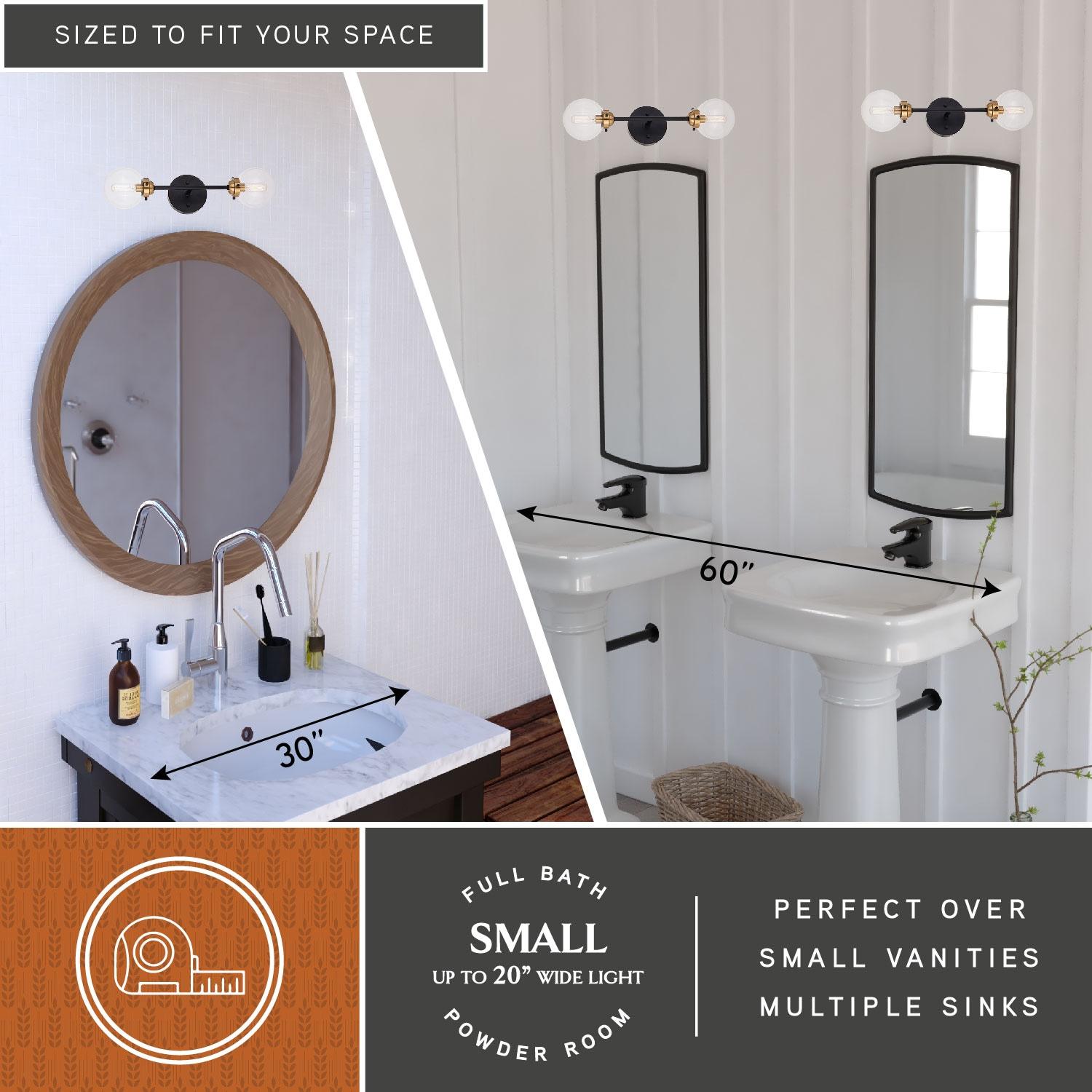 Vaxcel Orbit 2 Light Brass and Oil Rubbed Bronze Industrial MCM Wall Sconce Clear Glass Globe