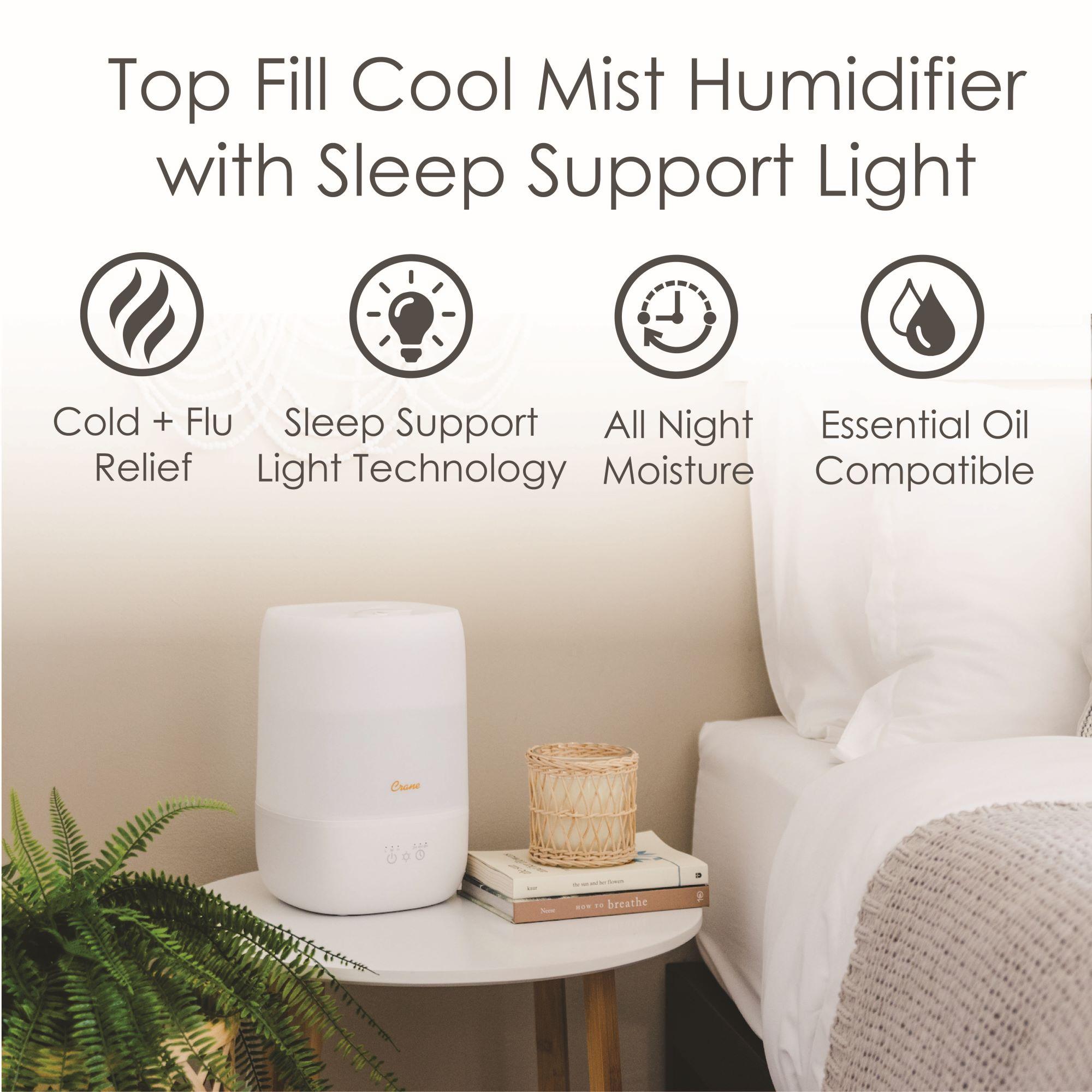 Crane USA Top Fill Cool Mist Humidifier - 1 Gallon with Sleep Support Light & Essential Oil Tray