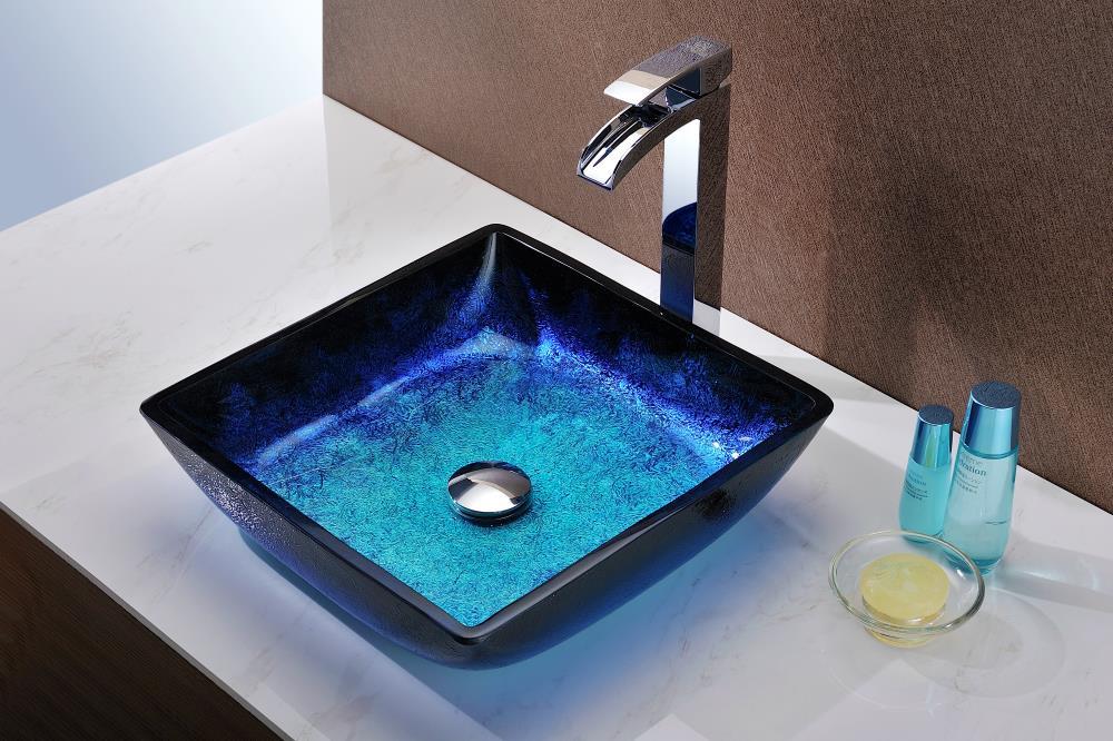 ANZZI Viace 15.13'' Blazing Blue Tempered Glass Square Bathroom Sink