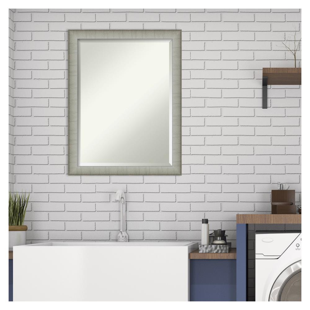 Amanti Art Beveled Bathroom Wall Mirror - Elegant Frame Elegant Brushed Pewter Narrow Outer Size: 21 x 27 in Silver