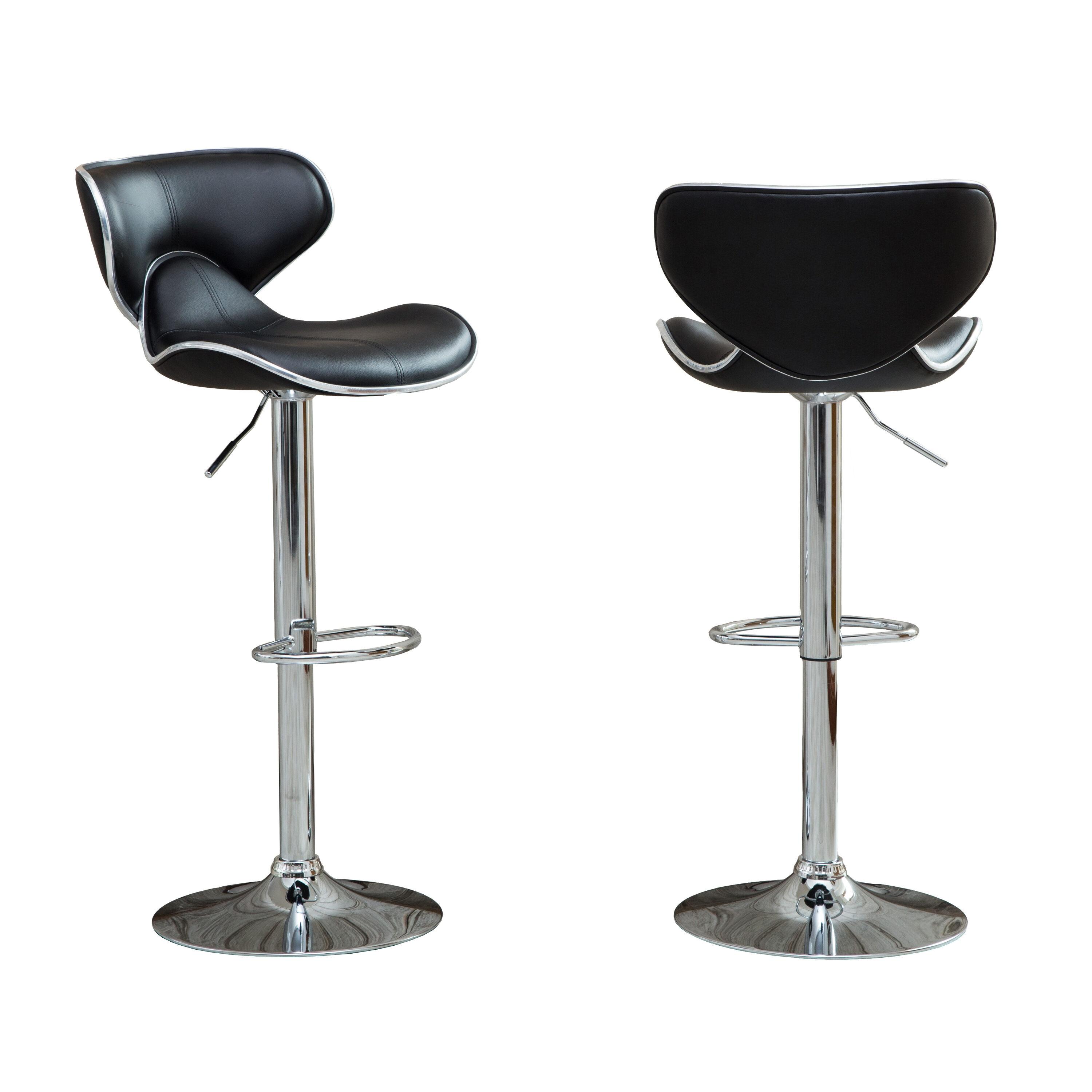 Roundhill Furniture Masaccio Cushioned Leatherette Upholstery Airlift Adjustable Swivel Barstool with Chrome Base, Black, Set of 2