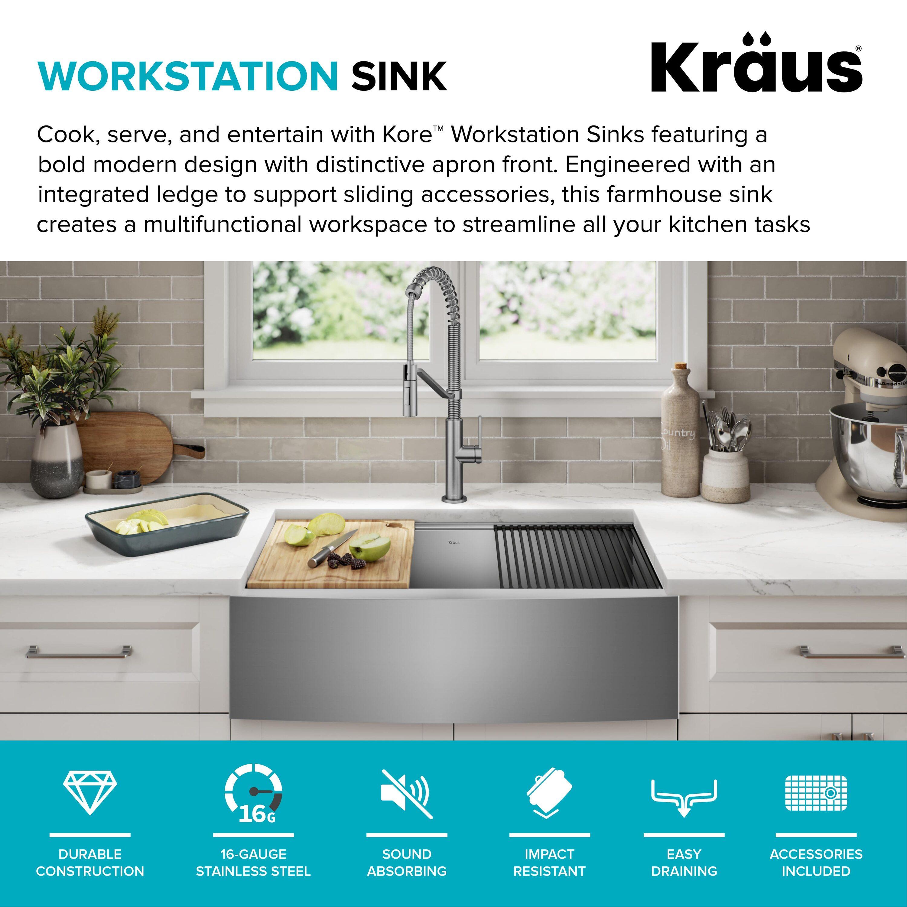 KRAUS Kore™ Workstation 36-inch L 16 Gauge Stainless Steel Single Bowl Farmhouse Kitchen Sink with Accessories