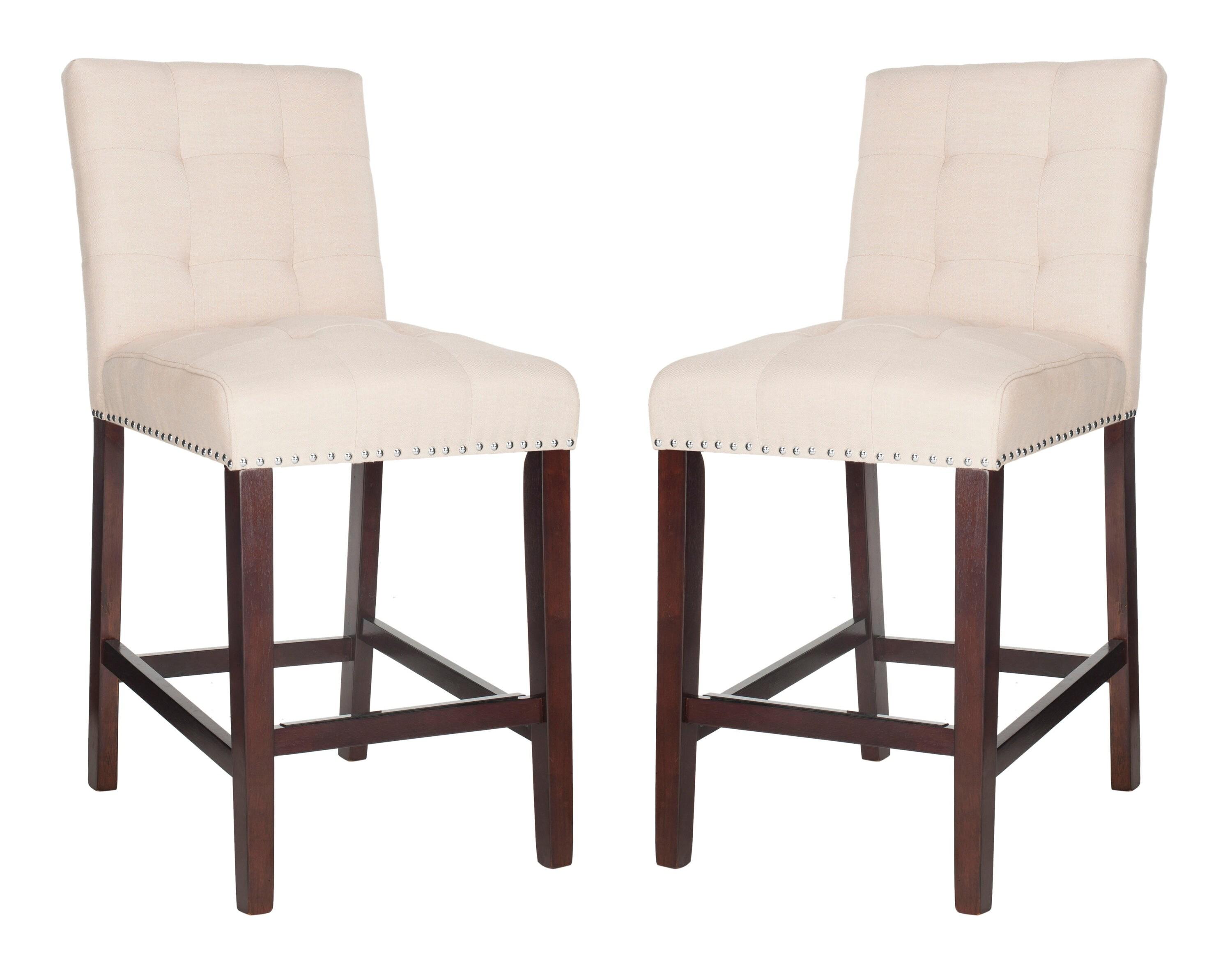 Beige Tufted Linen Transitional Counter Stool with Chrome Accents, Set of 2