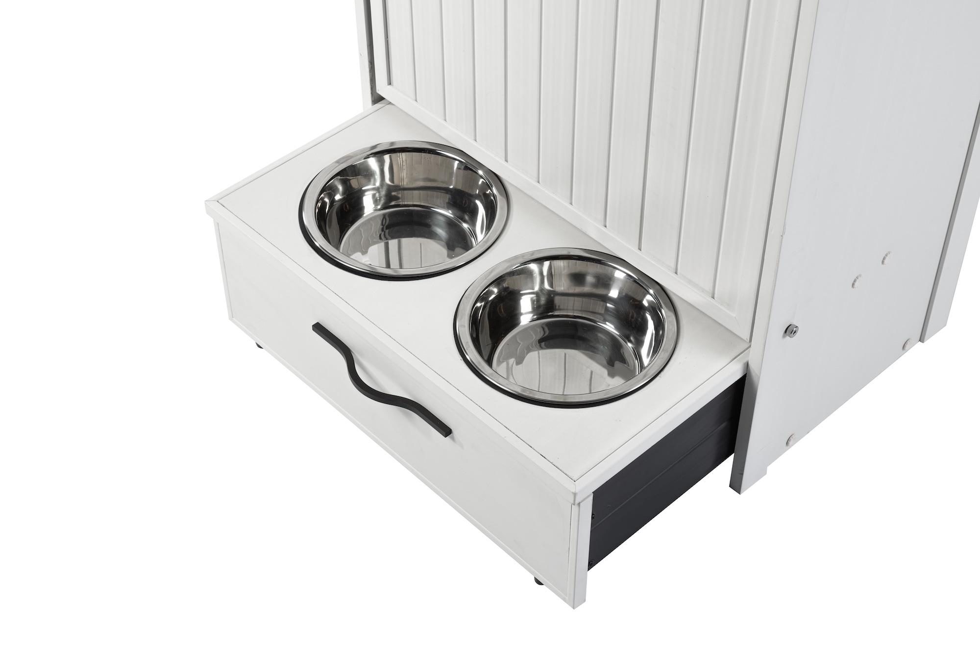 New Age Pet® ECOFLEX® Dog Food Pantry with Double Stainless Steel Bowls - Durable Composite, Includes 2x 32oz Bowls, Storage for 25 lbs of Dog Food, Easy Assembly, Moisture Resistant
