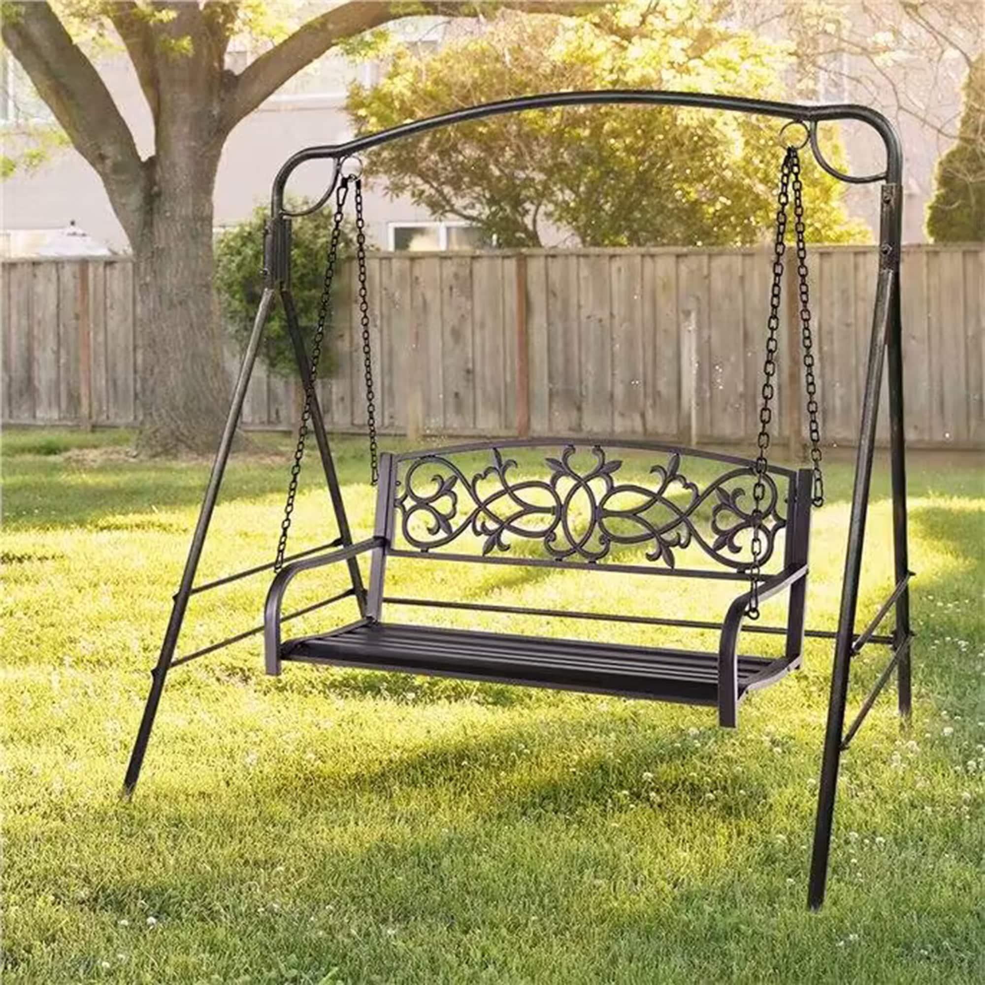 Resenkos Porch Swing, 2-Person Outdoor Porch Metal Hanging Swing Chair with Sturdy Chains-Brown, Hanging Outdoor Porch Swings for Garden, Backyard