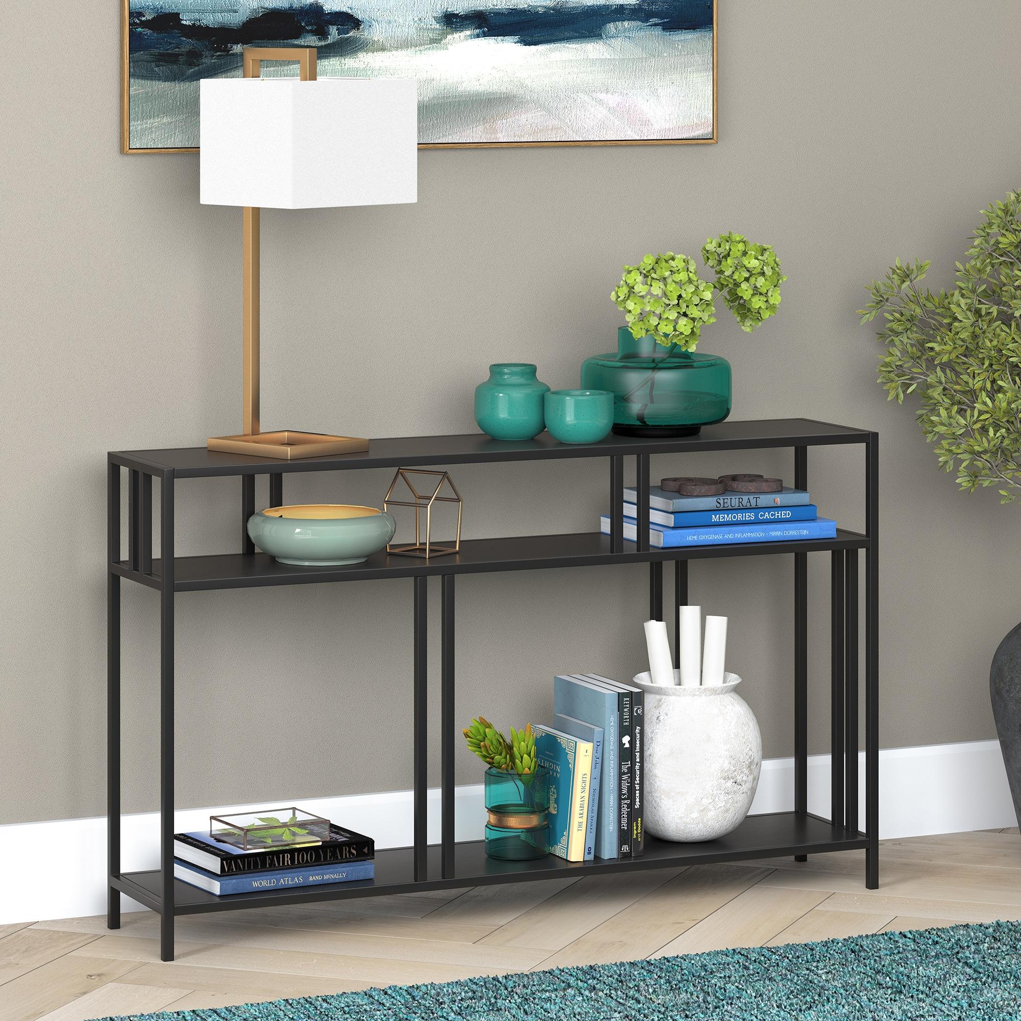 Evelyn&Zoe Cortland 48" Wide Rectangular Console Table with Metal Shelves, Blackened Bronze