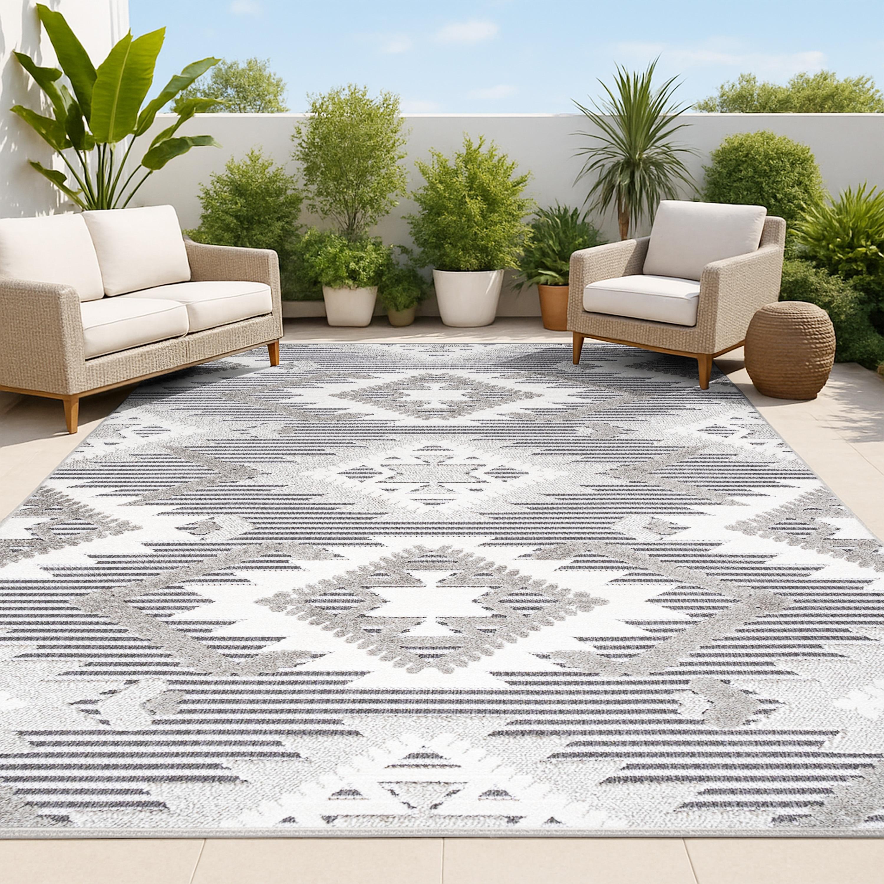 8'x10' Sumak High-Low Pile Neutral Diamond Kilim Indoor/Outdoor Area Rug, Gray/White/Black - JONATHAN Y