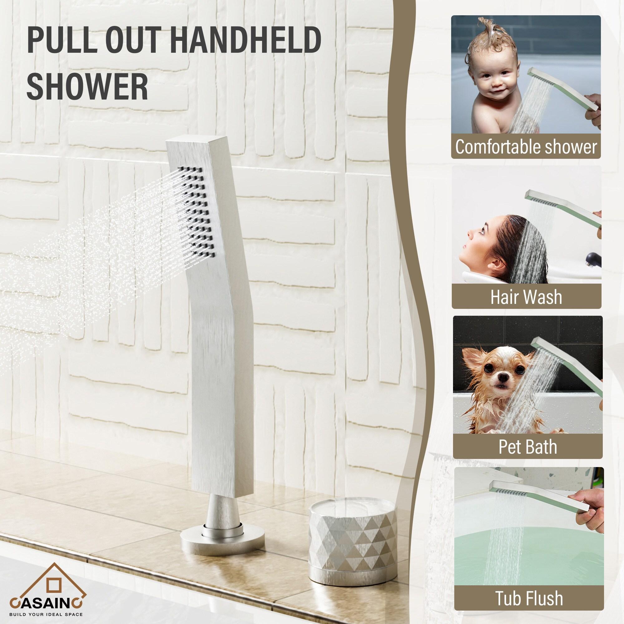 3 Handles Deck Mounted Bathroom Tub Faucet Trim with Handshower