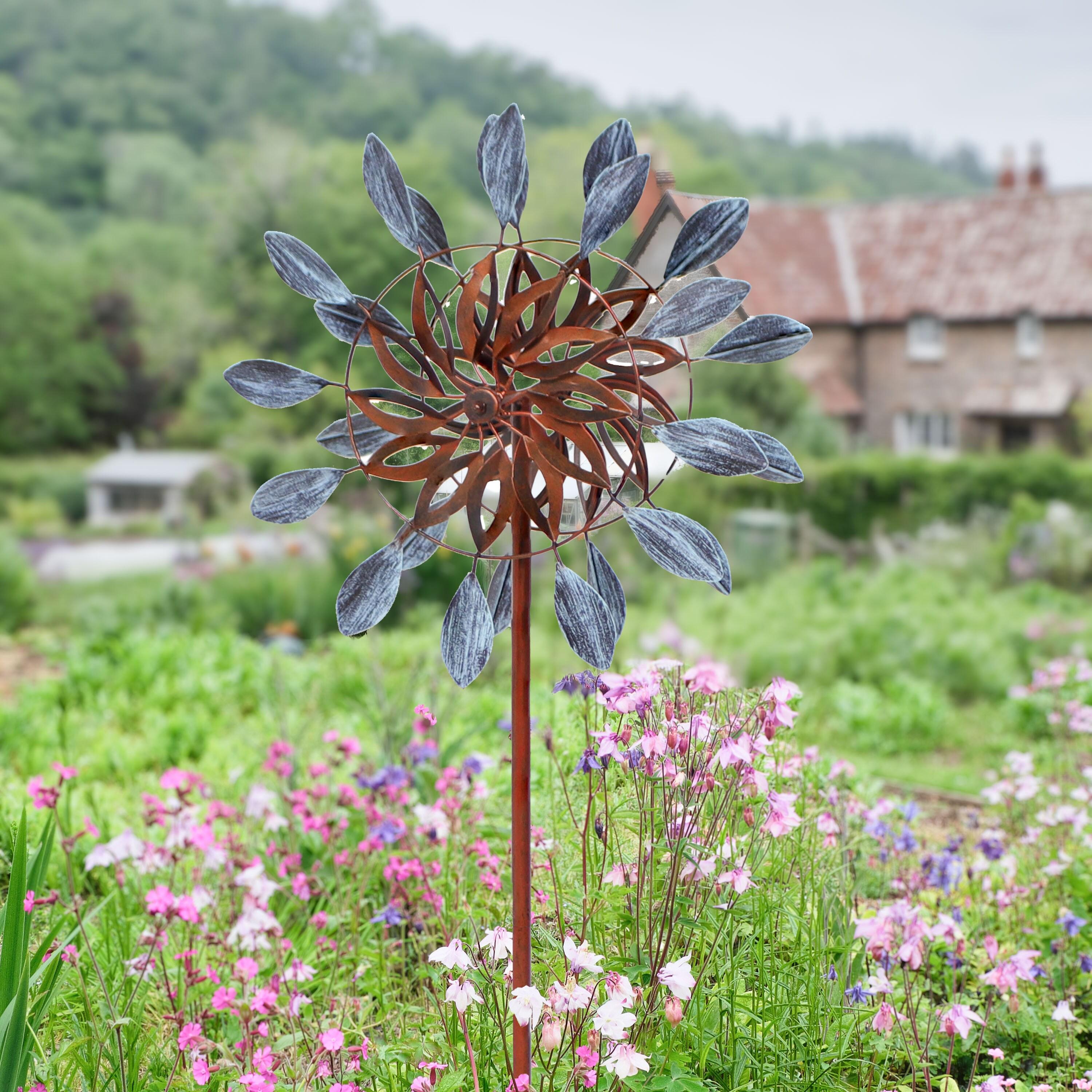 Sunnydaze Whirling Petals Powder-Coated Iron Wind Spinner - 48" H - Blue and Brown