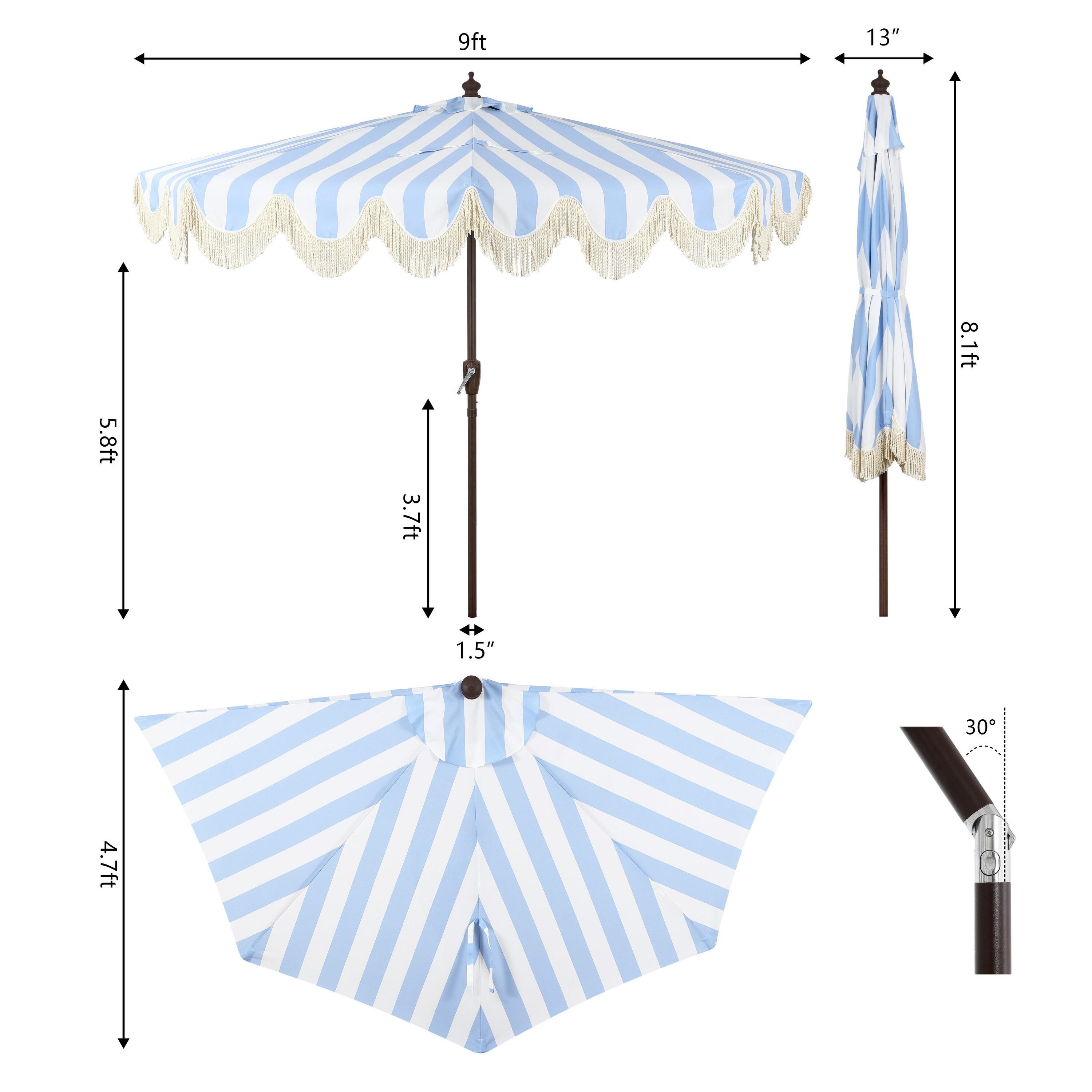 JONATHAN Y Beverly 9 ft. Designer Classic Scalloped Fringe Half Market Patio Umbrella w/ Crank, Push Button Tilt and UV Protection in Light Blue/White