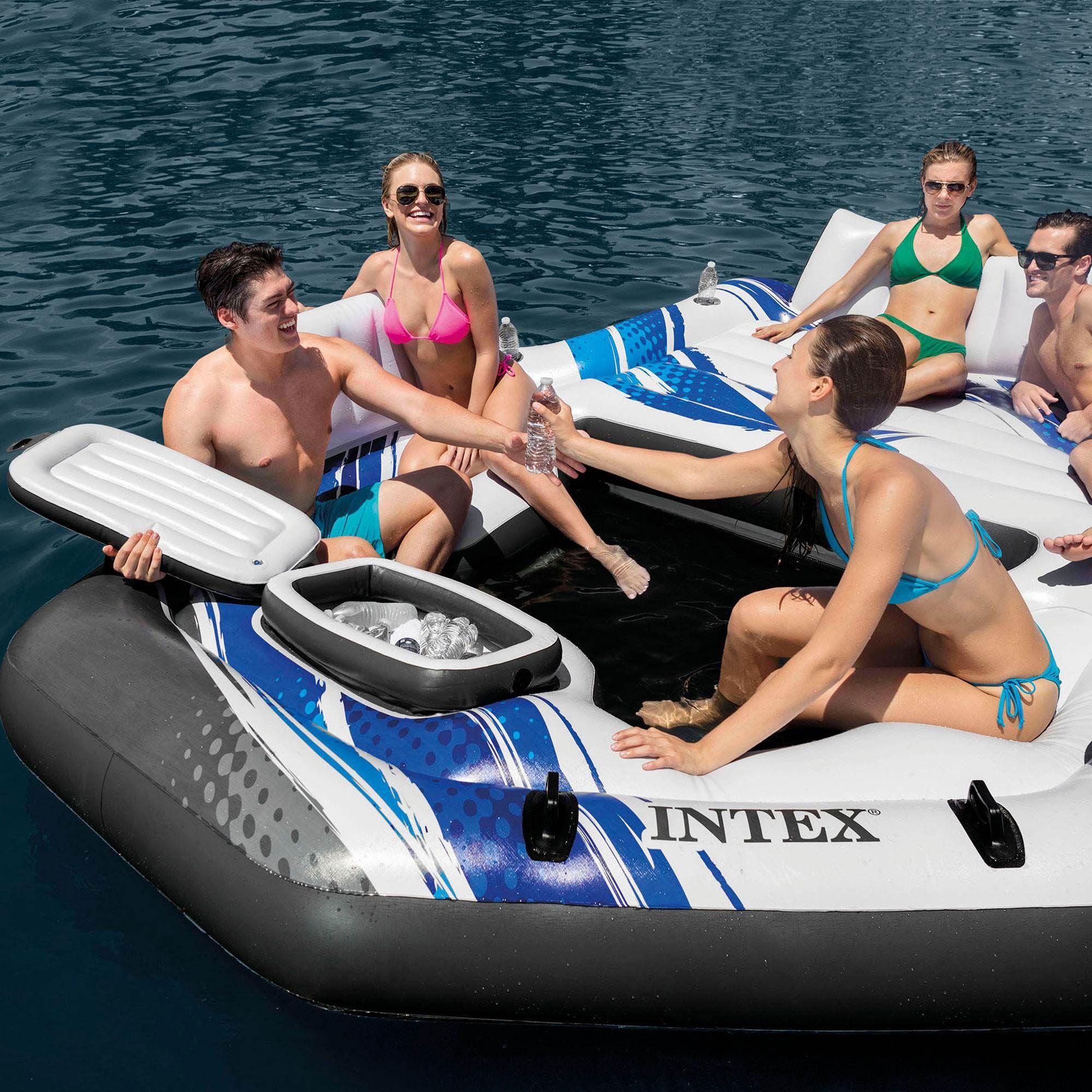 Intex Blue Tropic Inflatable Lake or Swimming Pool Island Water Floating Lounger Raft with Backrests, Built-In Cooler, and 4 Cupholders