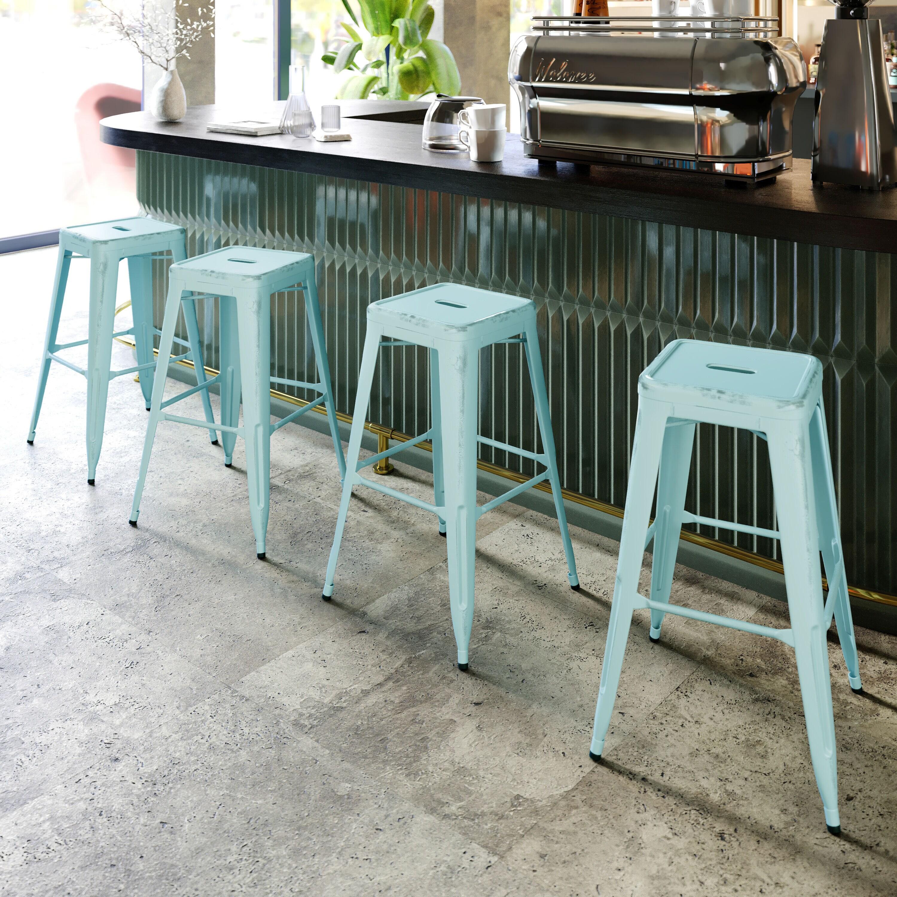 Flash Furniture Commercial Grade 30" High Backless Distressed Green-Blue Metal Indoor-Outdoor Barstool
