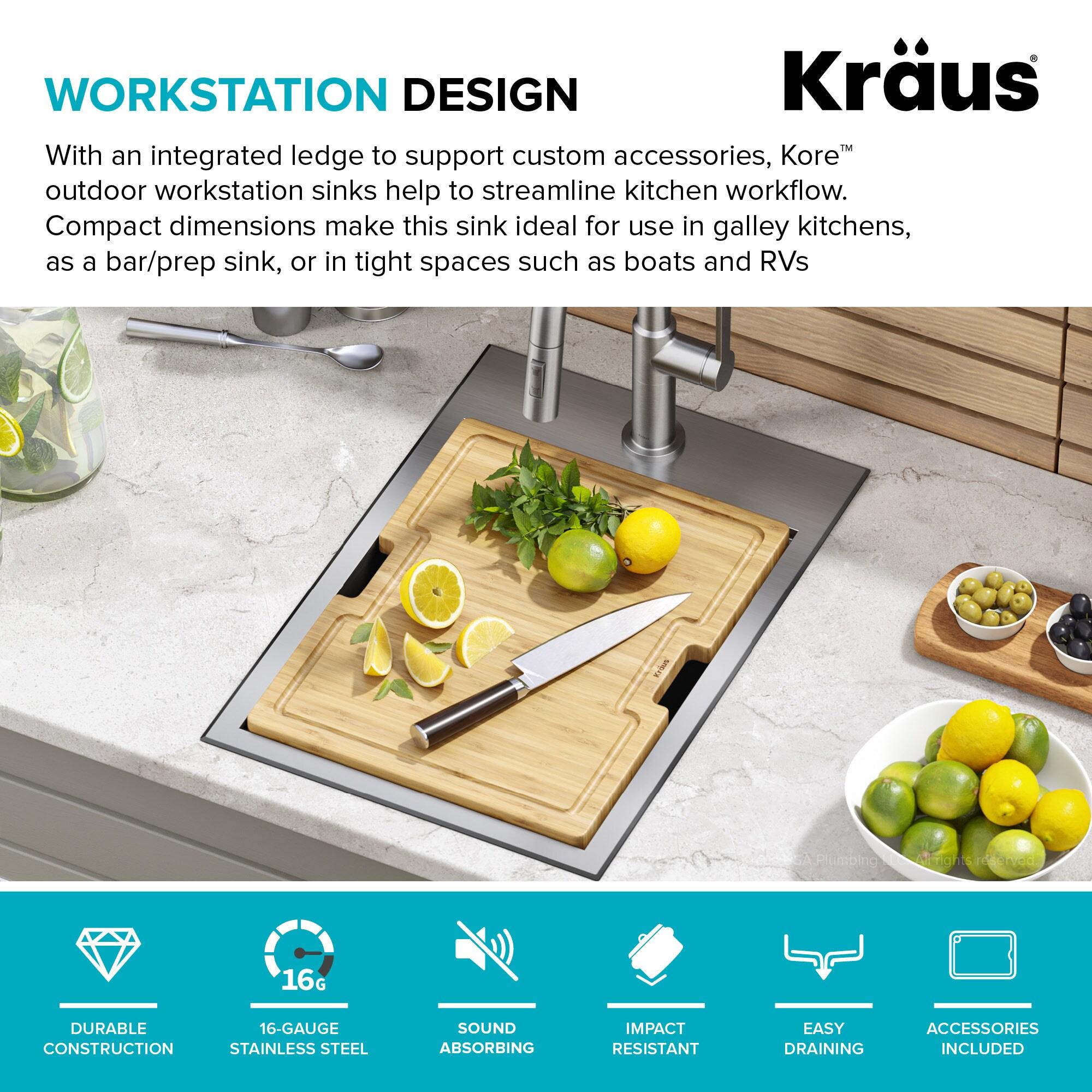 KRAUS Kore™ 15" L Outdoor Workstation Drop-In 16 Gauge Marine Grade T-316 Stainless Steel Single Bowl Kitchen Bar Sink