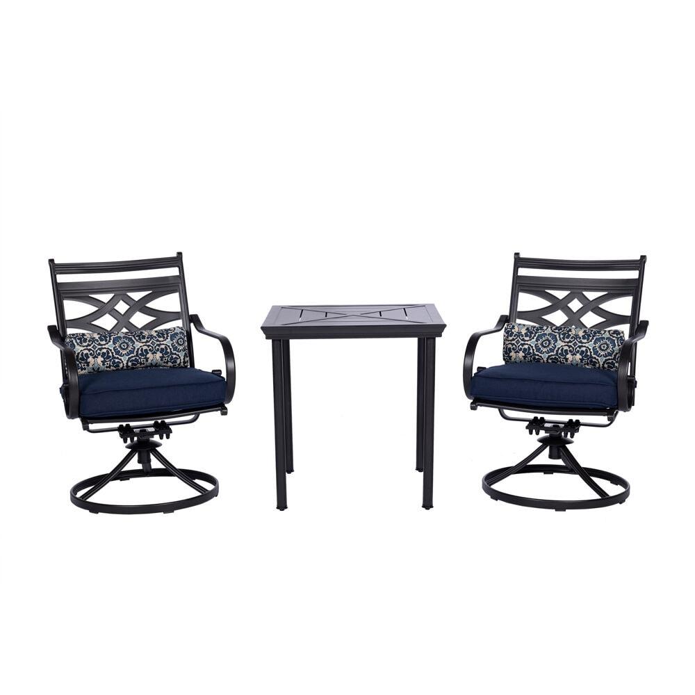 Hanover Montclair 3-Piece All-Weather Outdoor Patio Bistro Dining Set, 2 Swivel Rocker Chairs with Comfortable Seat and Lumbar Cushions, 27" Square Stamped Rectangle Table, MCLRDN3PCSW2-NVY