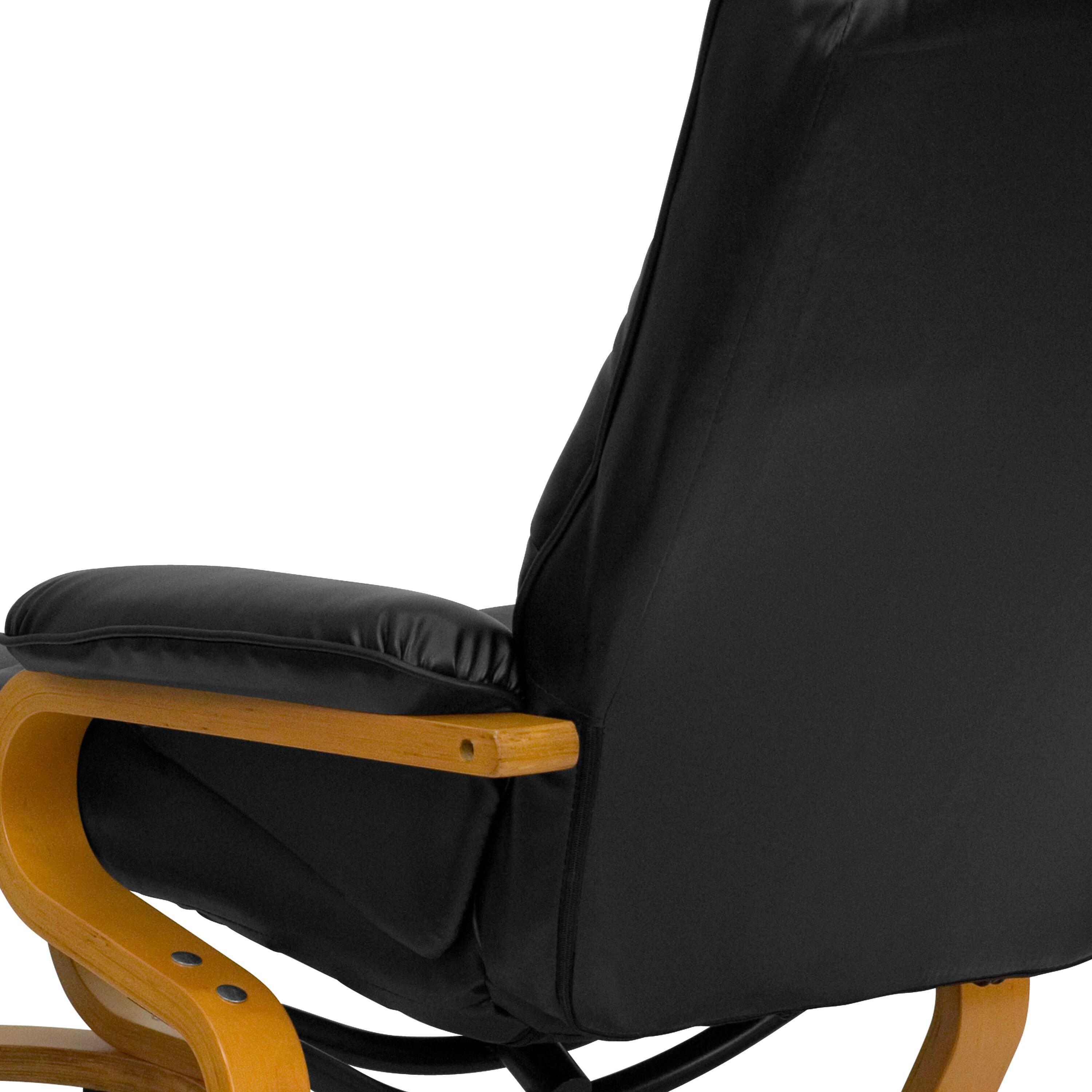 Flash Furniture Davies Contemporary Adjustable Recliner and Ottoman with Swivel Maple Wood Base in Black LeatherSoft
